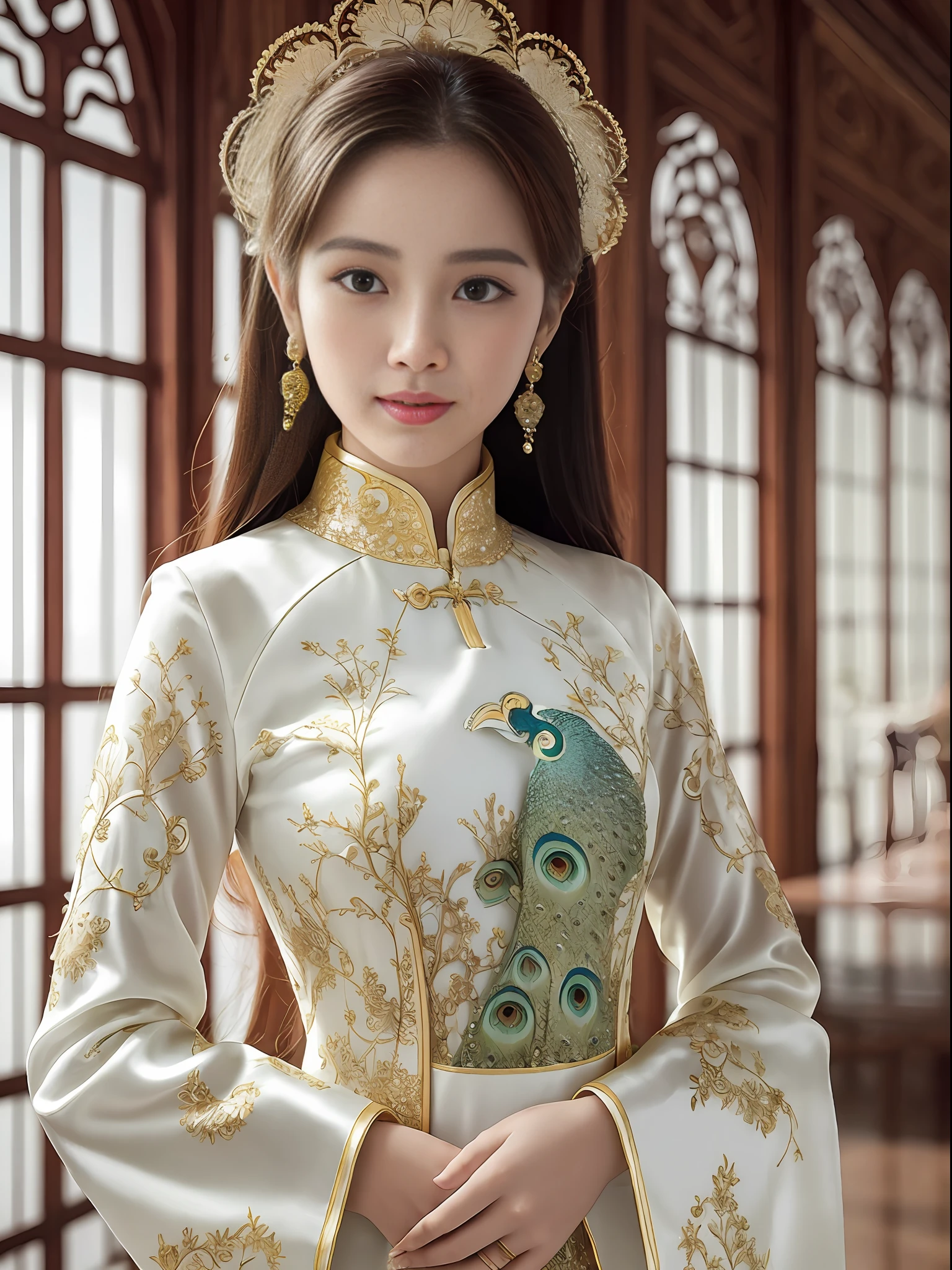 the girl in the Ao Dai is sewn from thin silk or cotton fabric, has a long and body-hugging white style that is very detailed, the peacock pattern in front of the shirt is very detailed, the girl stands in a very splendid space with many details