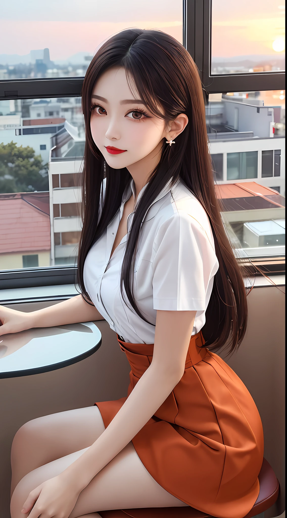 1 beautiful girl, sad girl, sitting by the window, long hair, beautiful face without blemishes, rosy face, earrings, brown eyes, thin eyebrows, most thorough makeup is eyelashes, red lips, lips petite, graceful smile, The breasts are full and round, slim waist, moderately big butt, long legs, wear a thin white shirt that reaches to the waist, black mesh stockings, long hair, one afternoon, sunset is fading, sky color orange, clear sunset background image, sad girl, sitting by the window, quality best image quality, 8k quality, 4x scale, real girl, girl portrait sitting by the window, artwork, upper body half,