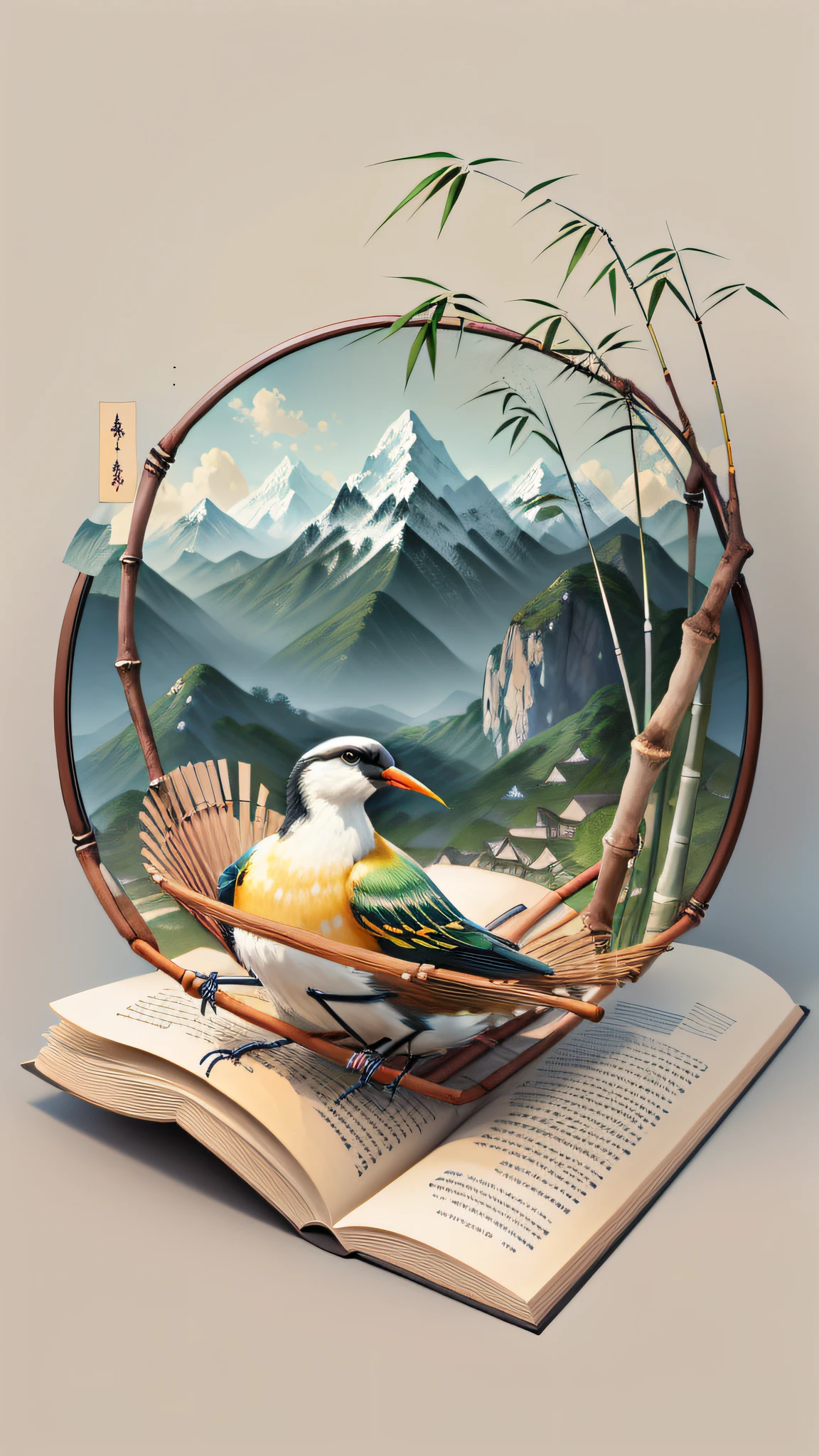 Ancient reading screen illustration, landscape, bamboo raft, bird, clear mountain, 16K HD picture, wide-angle delicate lens
