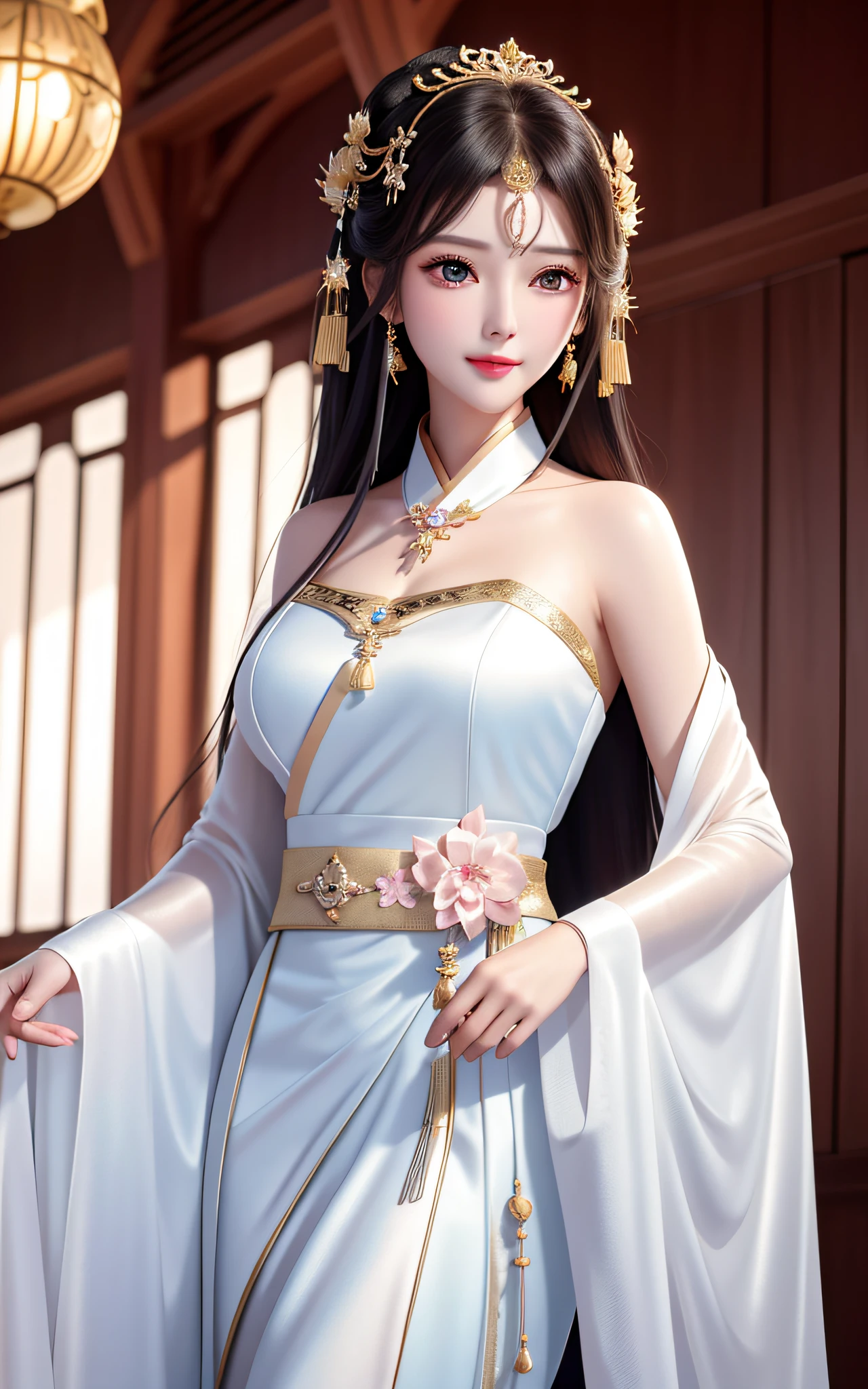 best quality, masterpiece, highres, 1girl,blush,(seductive smile:0.8),star-shaped pupils,china hanfu,hair ornament,necklace, jewelry,Beautiful face,upon_body, A beautiful woman with long, shiny black hair, adorned with a headpiece. Her clear, sparkling eyes gaze forward as she stands tall in a white silk one-piece dress with apparel. In her left hand, she grips a long sword, resting it against her chest tyndall effect,photorealistic, dark studio, rim lighting, two tone lighting,(high detailed skin:1.2), 8k uhd, dslr, soft lighting, high quality, volumetric lighting, candid, Photograph, high resolution, 4k, 8k