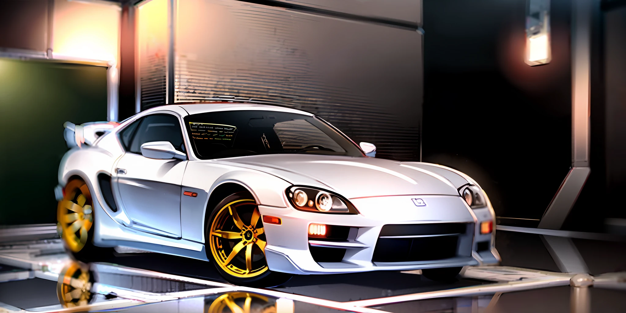 Alafed white sports car, parked in garage with red doors, vivid), white metallic, detailed, 2 0% pearl plated, , toyota supra, wide body, lotus, Kentaro Miura, gold trim, Kentaro Miura style, GTR XU1, work wheel, titanium white, white pearl cent, ✨🕌🌙