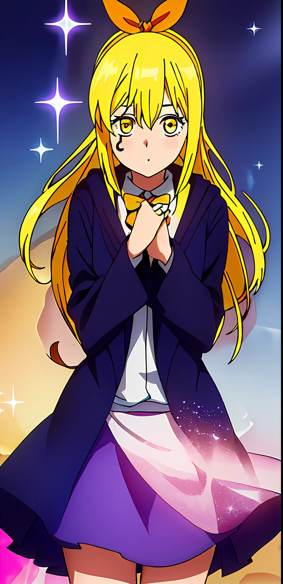(masterpiece), 1girl, lemon irvine, standing, magic, blonde hair, headband, bowtie, wizard uniform, stars, glitter, sparkle, wizard, casting magic, mountains, badlands, outside, vignette, depth of field, epic, best quality, highly detailed
