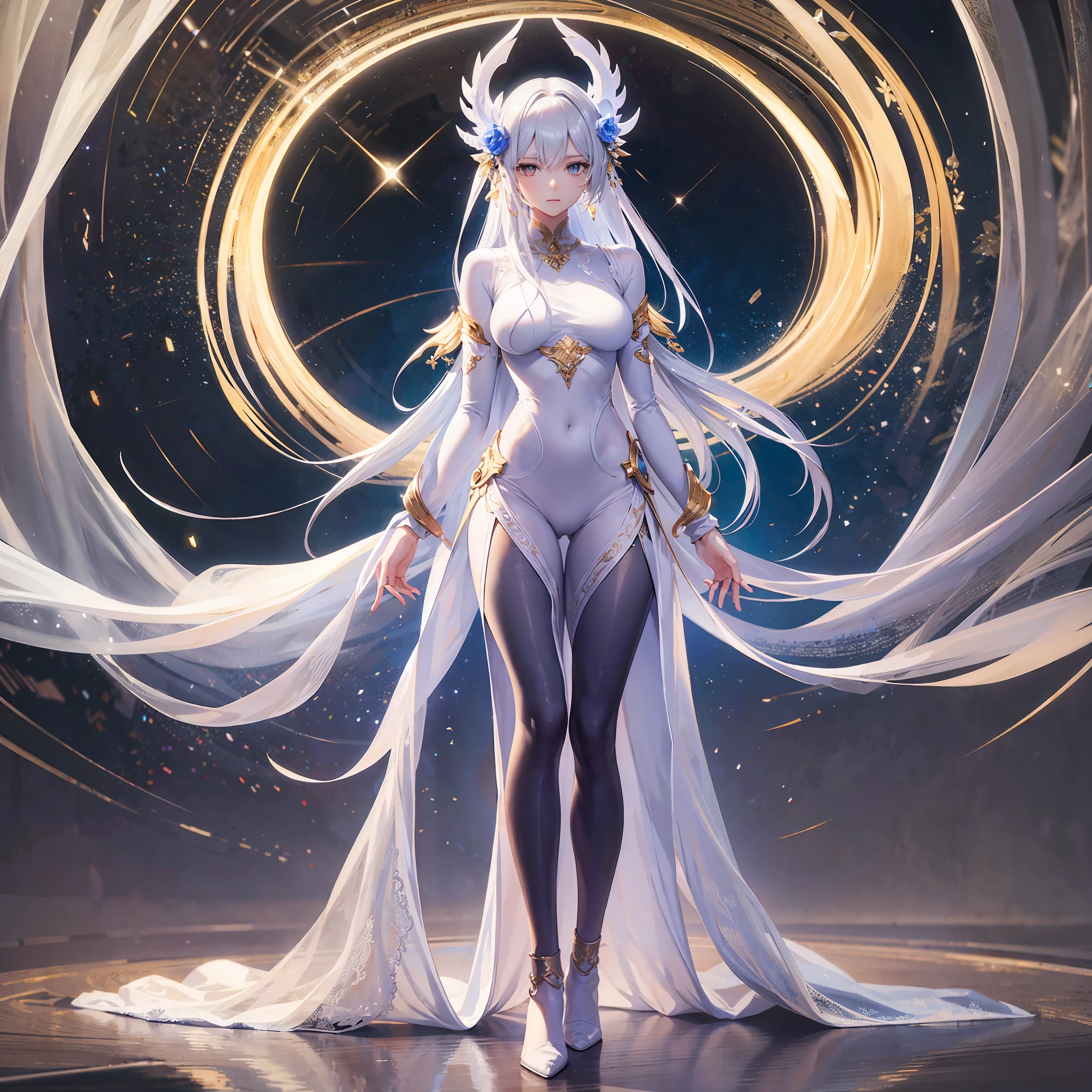 Masterpiece, a beautiful void goddess, full body white transparent clothes standing under empty night stars, disappearing transparent pants, full body standing, tall figure, slender legs, facial details, detailed body part details, 8k wallpaper