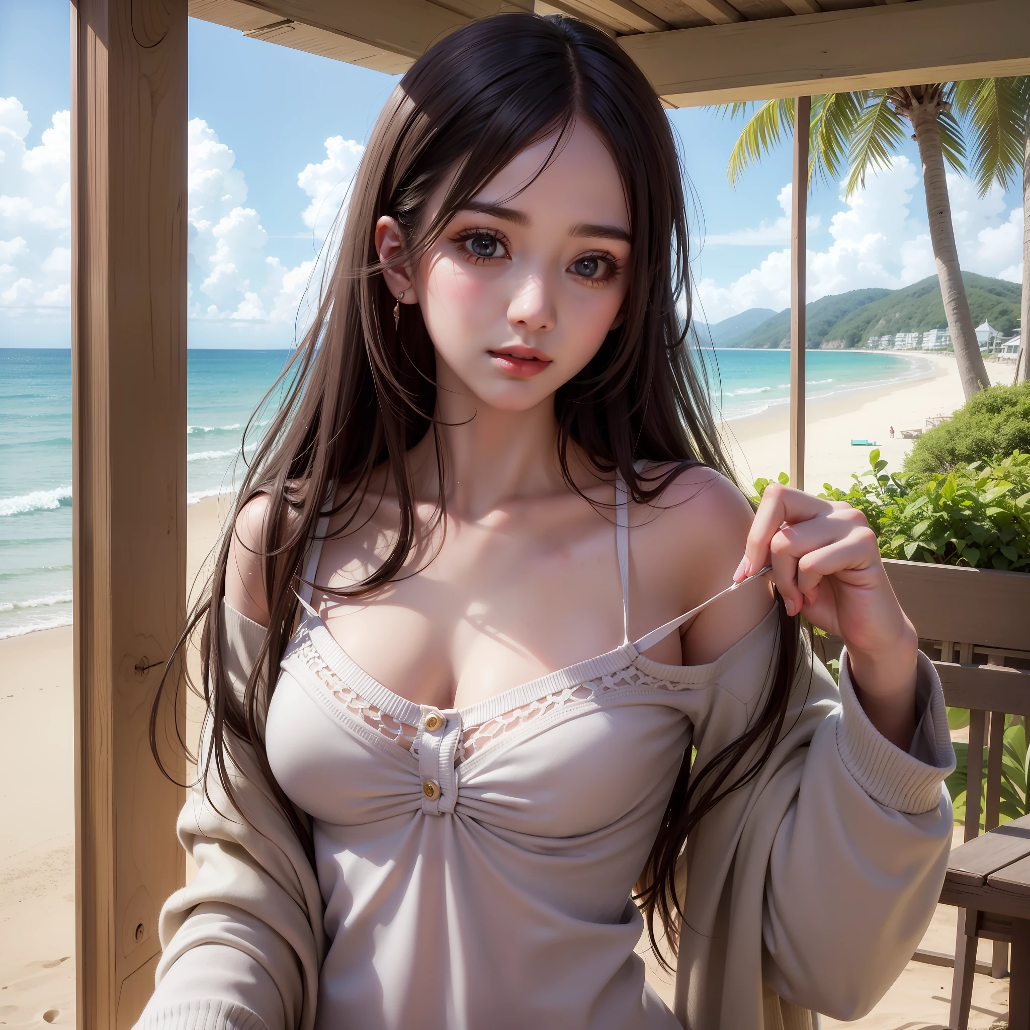 a super beautiful young woman, 22 years old, standing on a sunny beach. She has a beautiful and delicate face with a smile that lights up the room. Her big eyes are smart and spiritual, and her collarbone is delicate. She is wearing a cardigan waistless shirt and tong, showcasing her perfect body. The beach behind her adds to the beauty of the scene, captured in high resolution with super realistic details. It is a true masterpiece, showcasing the elegant and generous beauty of the young woman.