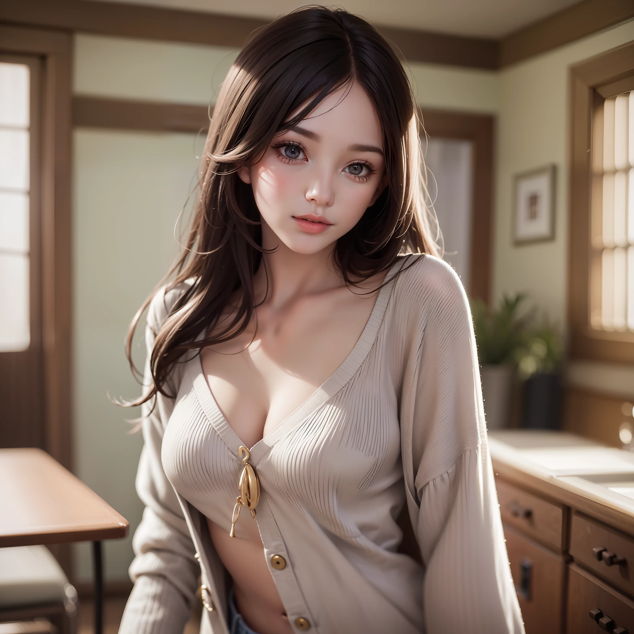 a super beautiful young woman, 22 years old, standing on a sunny beach. She has a beautiful and delicate face with a smile that lights up the room. Her big eyes are smart and spiritual, and her collarbone is delicate. She is wearing a cardigan waistless shirt and tong, showcasing her perfect body. The beach behind her adds to the beauty of the scene, captured in high resolution with super realistic details. It is a true masterpiece, showcasing the elegant and generous beauty of the young woman.