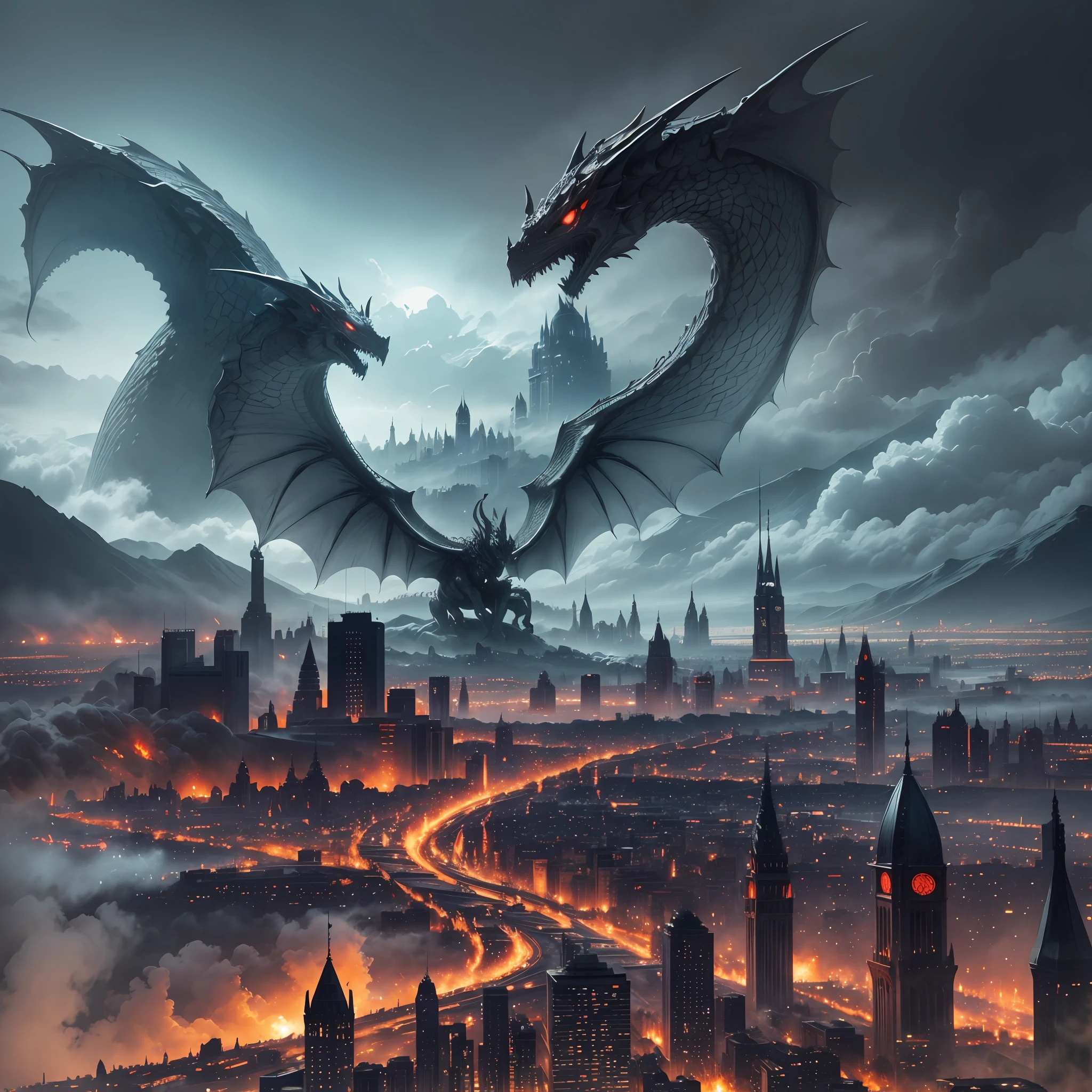 city skyline in mordor attacked by dragons --auto --s2