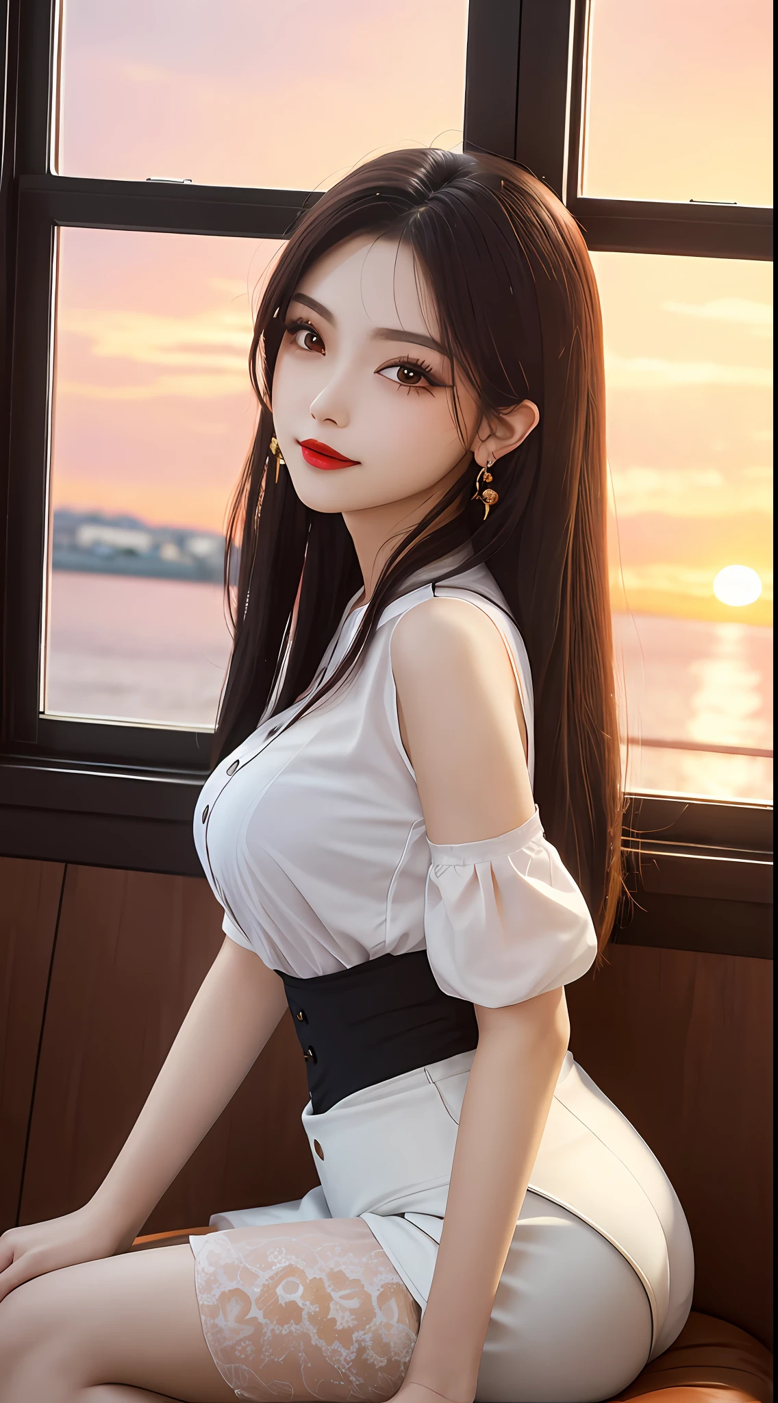 1 beautiful girl, sad girl, sitting by the window, long hair, beautiful face without blemishes, rosy face, earrings, brown eyes, thin eyebrows, most thorough makeup is eyelashes, red lips, lips petite, graceful smile, The breasts are full and round, slim waist, moderately big butt, long legs, wear a thin white shirt that reaches to the waist, black mesh stockings, long hair, one afternoon, sunset is fading, sky color orange, clear sunset background image, sad girl, sitting by the window, quality best image quality, 8k quality, real girl, girl portrait sitting by the window, artwork, upper body half,