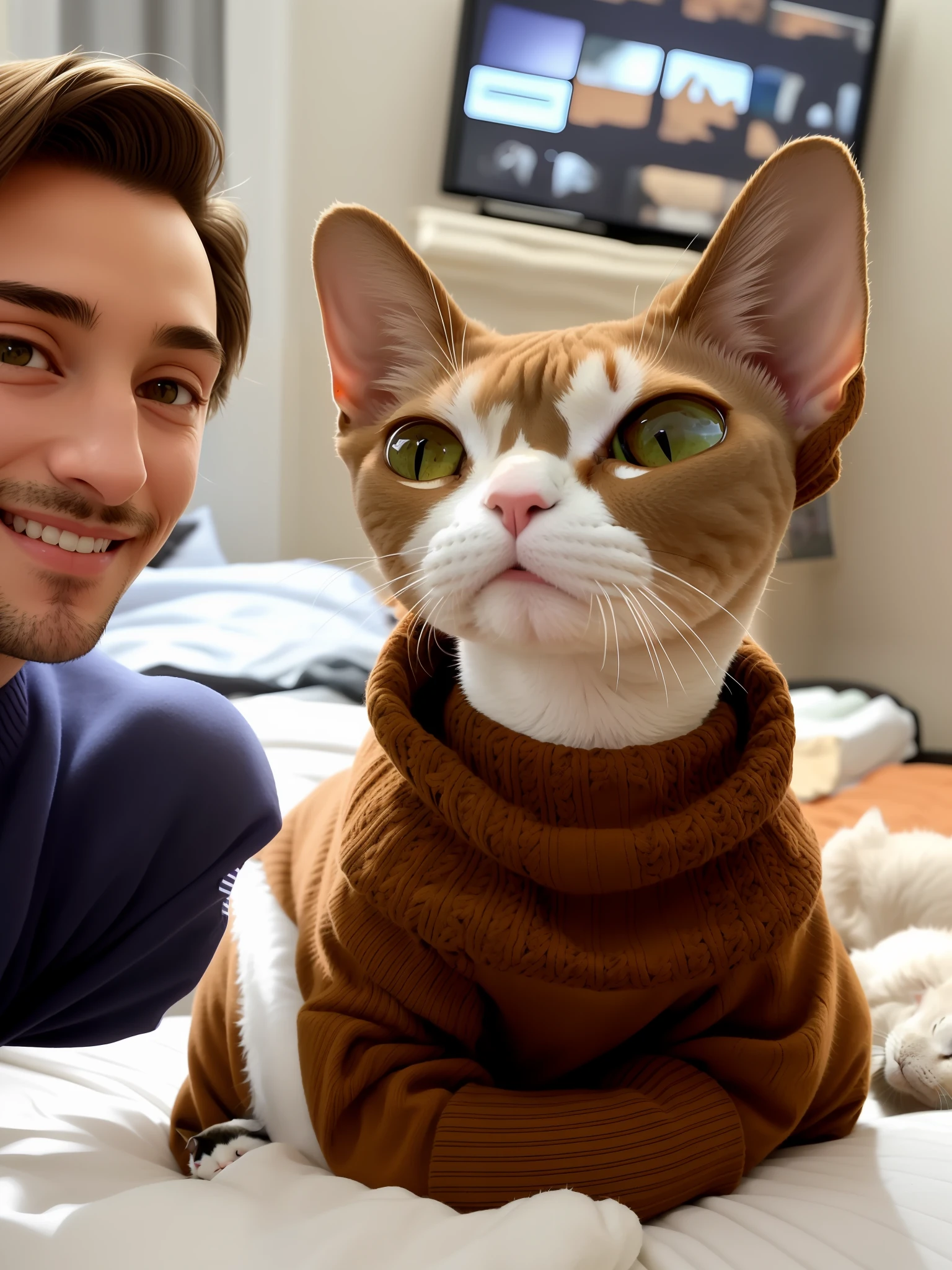 Araffe the cat in a sweater sitting on a bed with a man, he is dressed in a brown sweater, , a sphynx cat, in a sweater, an anthropic cat, a cat photo, in a sweater, a cat smiles, a cat smiles, smirks insidiously, shot on Sony Alpha 9, !!!! cat!!!!, cute kitty