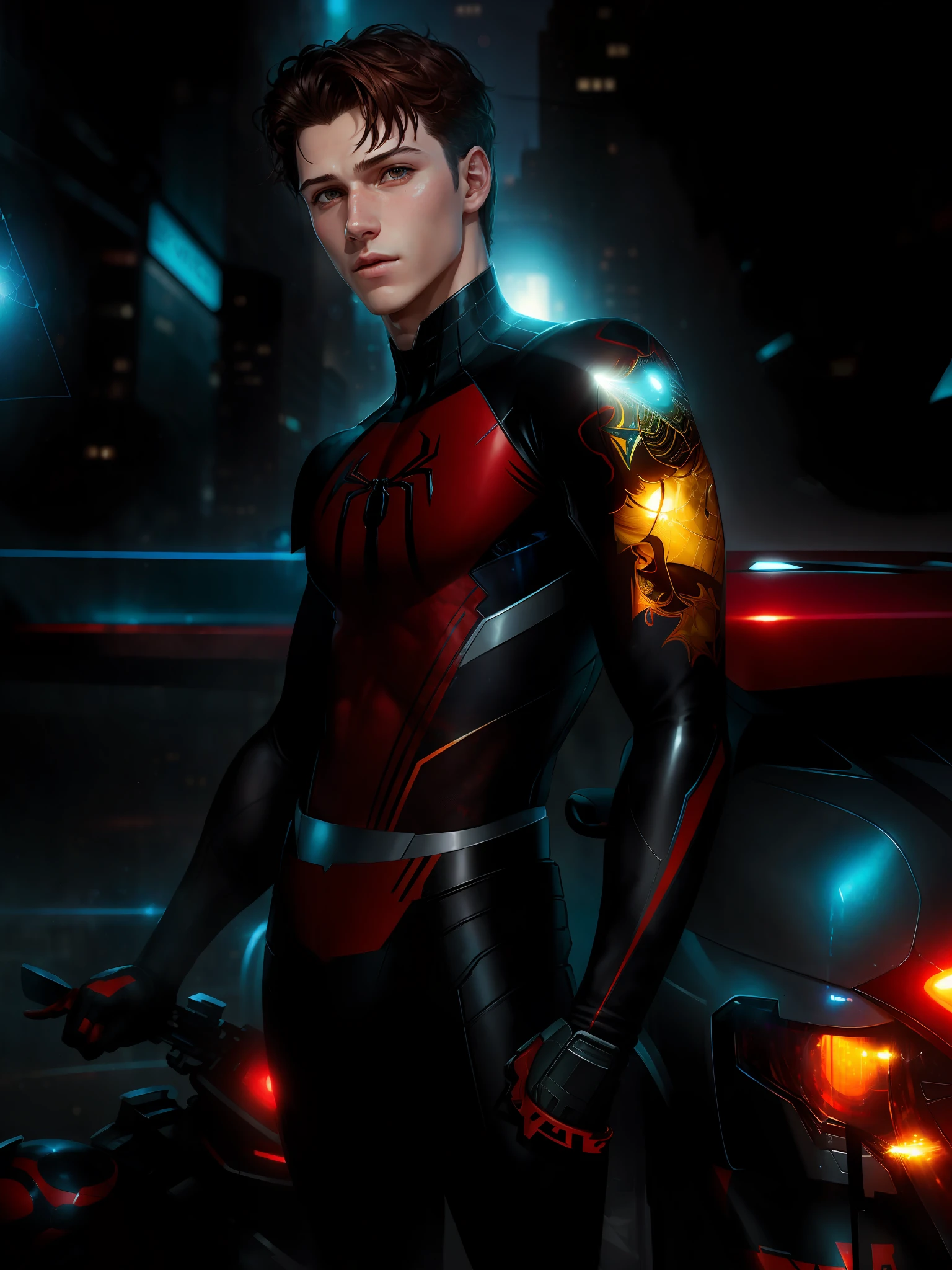 (Award Winning Digital Artwork:1.3) of (Sketch:1.3),(Energetic:1.3), TomHolland,CGSociety,ArtStation,(Saturated:1.3),(close portrait:1.3),(Masculinine:1.4),(beautiful:1.4),(attractive:1.3),handsome,calendar pose,perfectly detailed eyes,studio lighting, Spider web thematic background