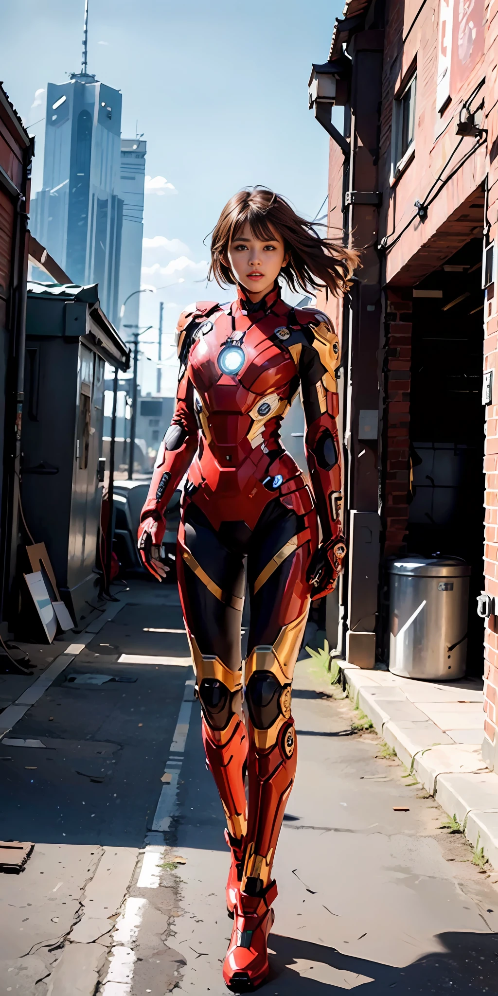 (1girl:1.3), solo,__body-parts__, official art, unity 8k wallpaper, ultra detailed, beautiful and aesthetic, beautiful, masterpiece, best quality, RAW, masterpiece, super fine photo,, best quality, super high Resolution, photorealistic, sunlight, full body portrait, stunningly beautiful,, dynamic pose, delicate face, vibrant eyes, (side view), she is wearing a futuristic Iron Man mech, red and gold, Highly detailed abandoned warehouse background, detailed face, detailed complex busy background, messy, gorgeous, milky, high detailed skin, realistic skin details, visible pores, sharp focus, volumetric fog, 8k uhd, dslr camera, High quality, film grain, fair skin, photorealism, lomography, sprawling metropolis in a futuristic dystopia, view from below, translucent