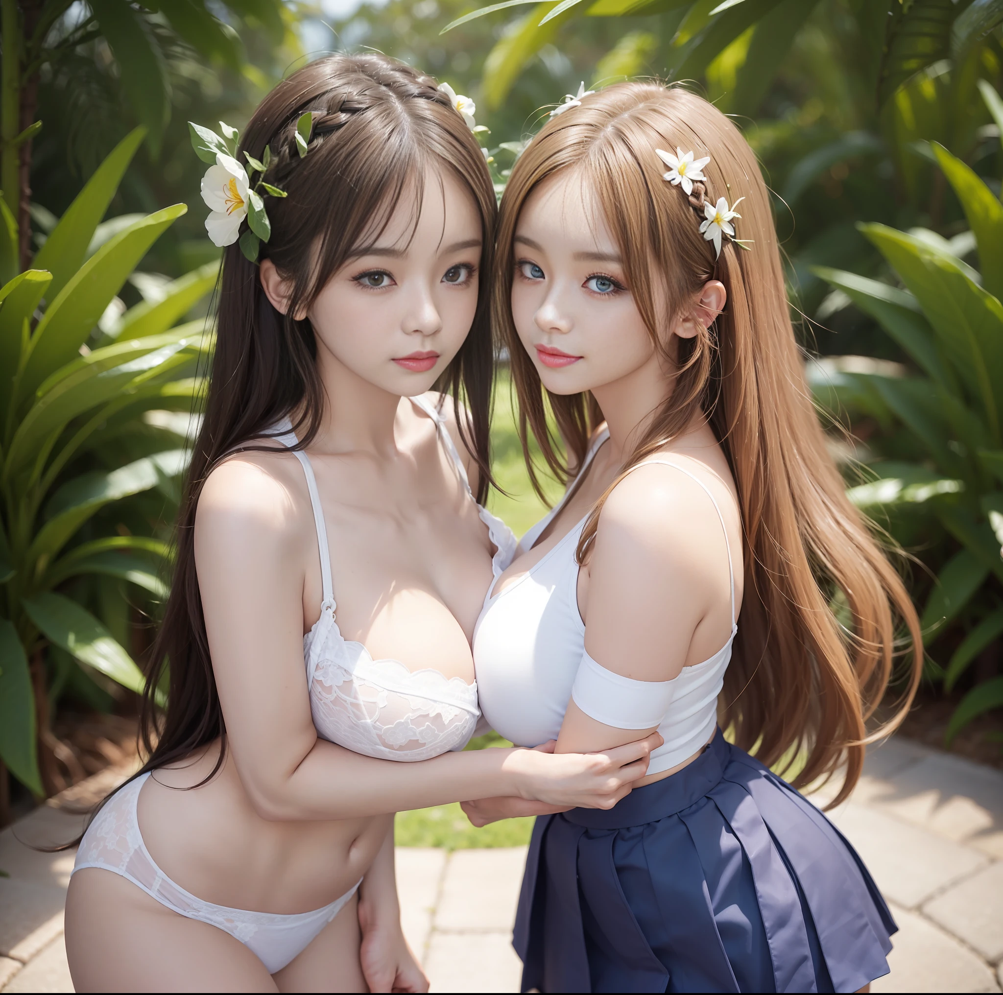 ulzzang-6500-v1.1, (top quality, masterpiece), (raw photo: 1.2), (photorealistic: 1.4), best quality, master, very tasty and beautiful, highly detailed CG, 8k wallpaper, amazing fine details, master masterpiece, official art, huge file size, high resolution, 2-3 girls, (snugly next to each other without separation between characters ), (There is no break in a single piece), Teens to 30s, (Representation of the human body based on accurate anatomy), Complex details, (Japan female student uniform), (Skirt length is shortened), (White panties), (All buttons are fastened), Blonde, (((Very large breasts)), (Very big breasts)), (Woman with very big), (Very large),(Cramped clothes), (No bra),( Areola color shows through), (big buttocks), (thin thighs), very beautiful eyes, bright ultramarine eyes, (detailed pupils reflecting light), (iris of the eye is painted in fine radial pattern detail), (the whites of the eyes are slightly darker), (the upper third of the eyes are shaded), natural eye shadows, glossy lips, the body is painted with realistic shadows assuming a light source, Pretty girl with mature beauty, whitening skin, baby face, (lined up with her buttocks sticking out backwards), blushing and very troubled expression or smile, many races, (skirt up), panties visible, long hair braided in part, hugging and touching cheeks with palms with people next to each other, holding hands, palm touching the cheeks of other subjects, (grabbing breasts), beautiful garden with flowers, clear sunshine,