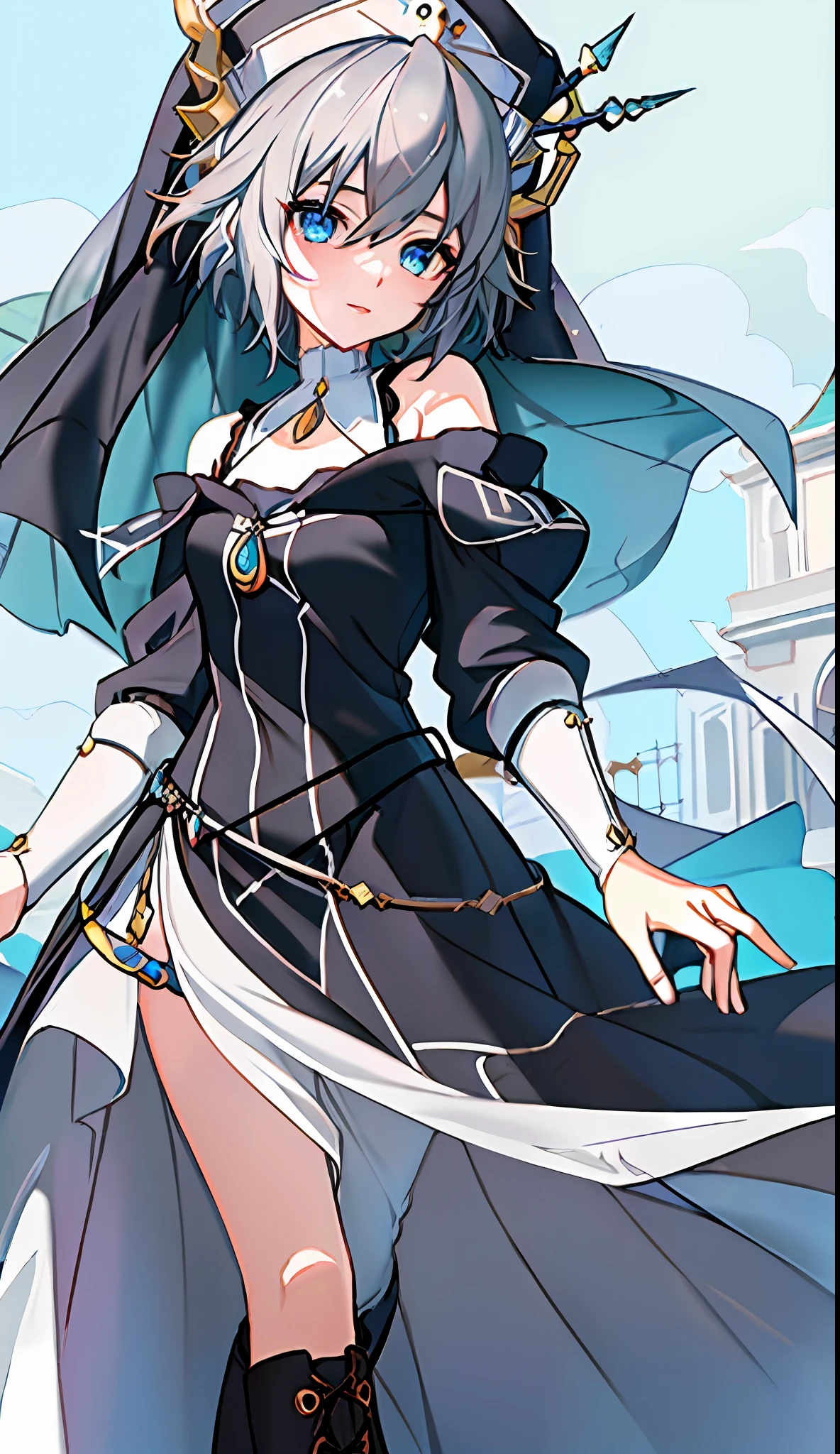 18-year-old beautiful girl, ((((Masterpiece)))), (((Best quality)))), (((Very detailed))), detailed fingers, precise fingers, not unnatural hands, gold hair ornament, white sister hat, illustration, black sister veil, black knee-high boots, black monastic dress, NIA, royal elegant pose