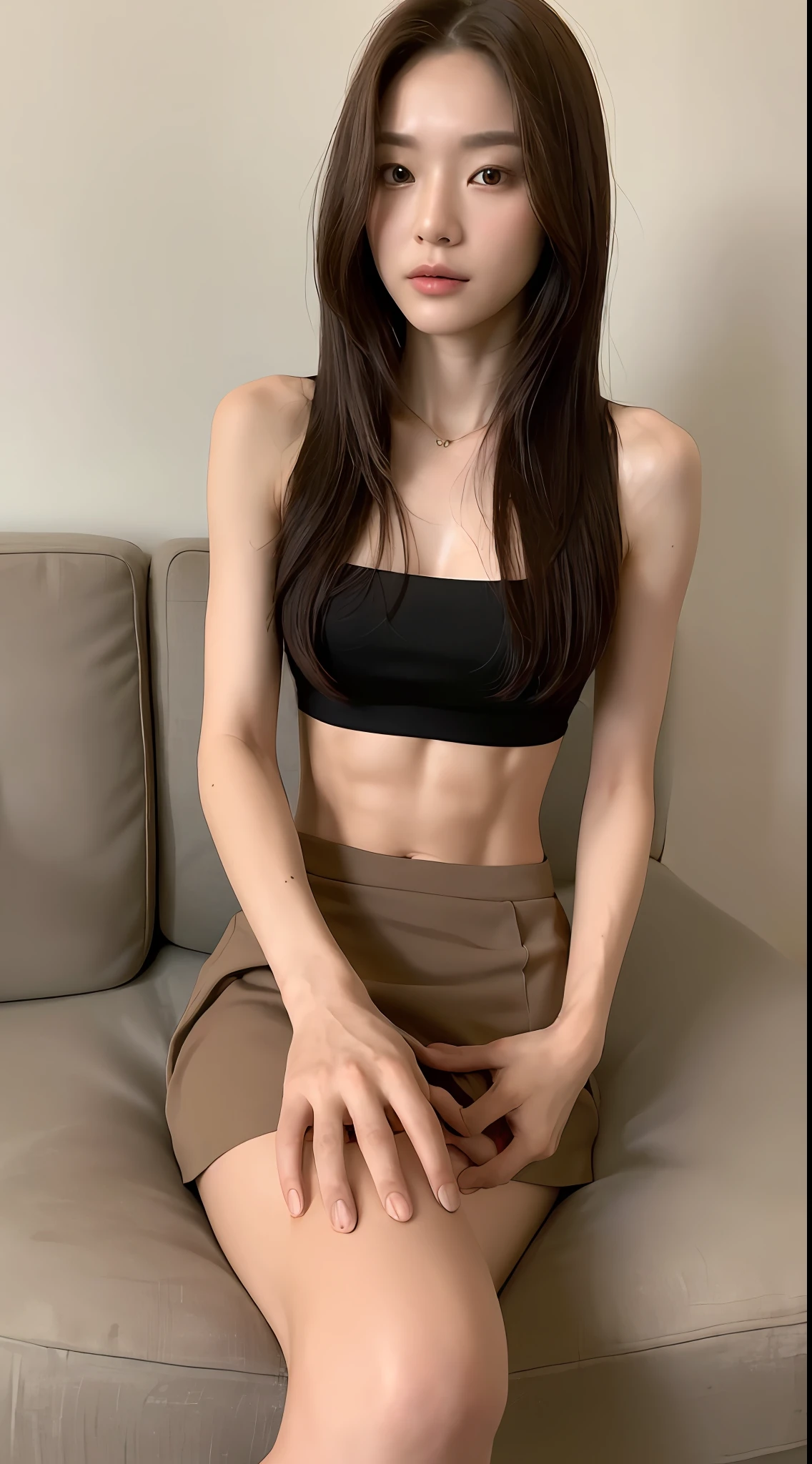((Top Quality, 8k, Masterpiece: 1.3)), pretty woman, 1 woman, small: 1.3, (toned abs, slender figure: 1.1), sexy, dark brown hair, (sitting on the couch, legs crossed, skirt: 1.1), ultra detailed face, detailed lips, detailed eyes, double eyelids