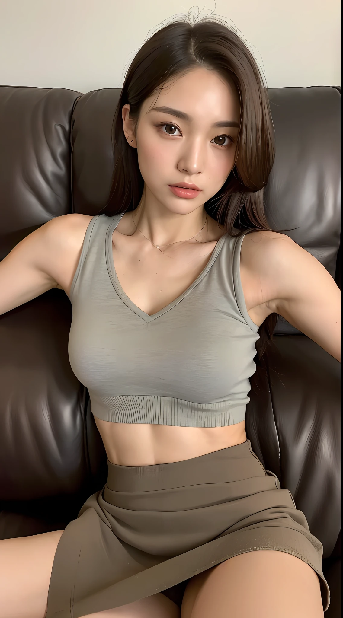 ((Top Quality, 8k, Masterpiece: 1.3)), pretty woman, 1 woman, small: 1.3, (toned abs, slender figure: 1.1), sexy, dark brown hair, (sitting on the couch, legs crossed, skirt: 1.1), ultra detailed face, detailed lips, detailed eyes, double eyelids