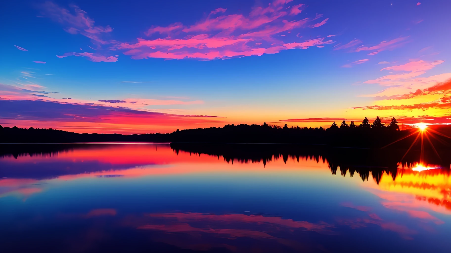 there is a beautiful sunset with a lake and trees in the background, colorful skies, surreal colors, colorful sunset, colorful sky, marvellous reflection of the sky, stunning sky, dream like atmosphere 8k, colorful clouds, colors reflecting on lake, surreal sky, red and blue reflections, fire reflection, beautiful sky, beautiful and spectacular dusk, beautiful dreamy landscape, amazing sky