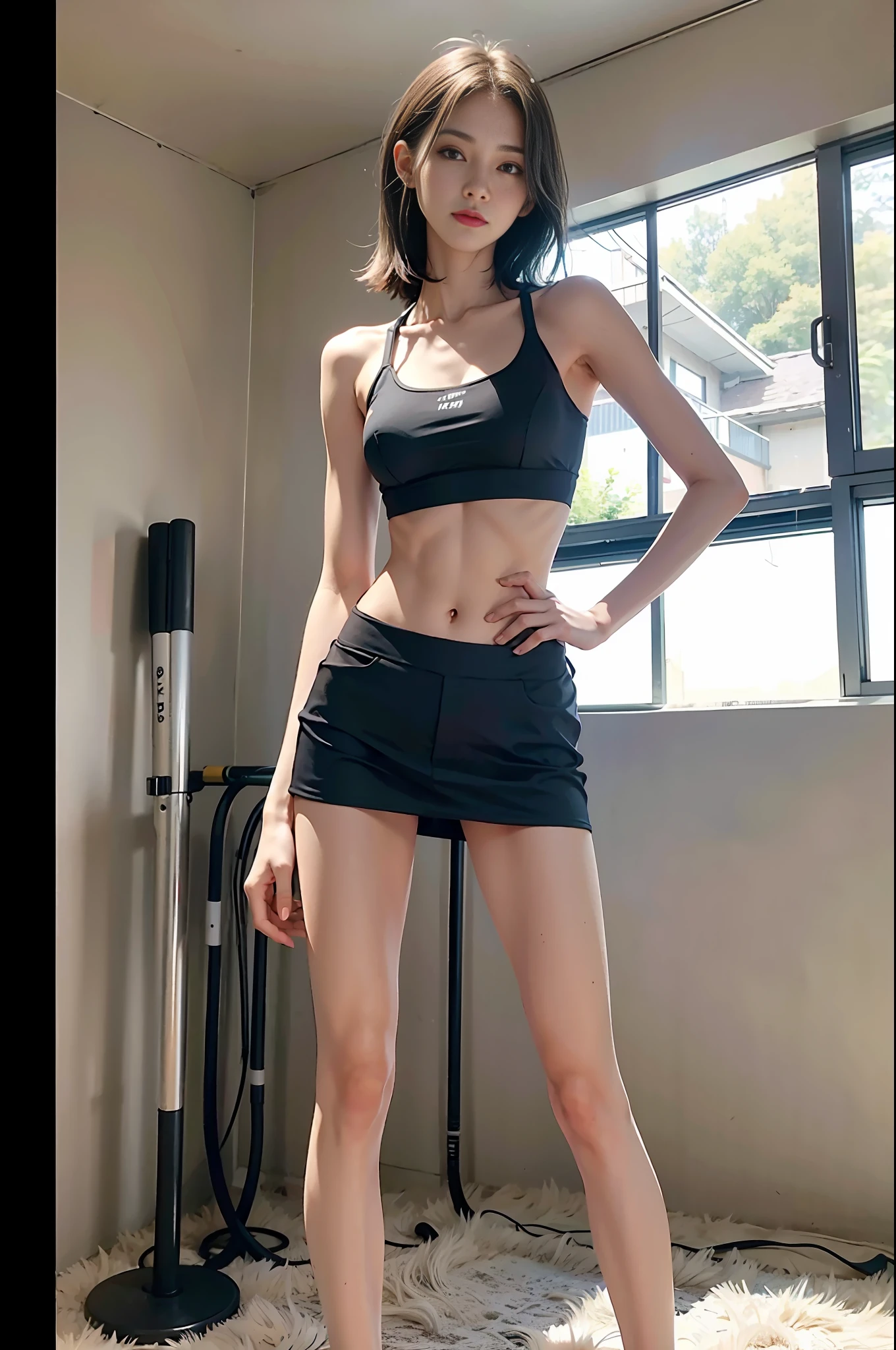 1girl, tall, (abs: 0.2), (long skinny legs, skinny waist: 1.4), pale skin, sports bra, miniskirt