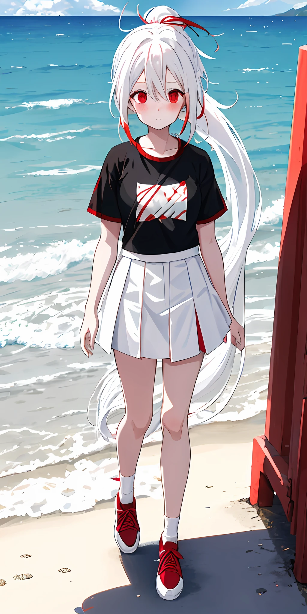 Anime girl with full white hair, long ponytail tied with red ribbon, ahoge, red eyes, shy blush, medium sized breasts, black t-shirt with the words "SP" on it, white skirt with red lining, black shoes with red lining, transparent cloth, water, seaside, beach, sunny, full body image, wearning white thights, face viewer
