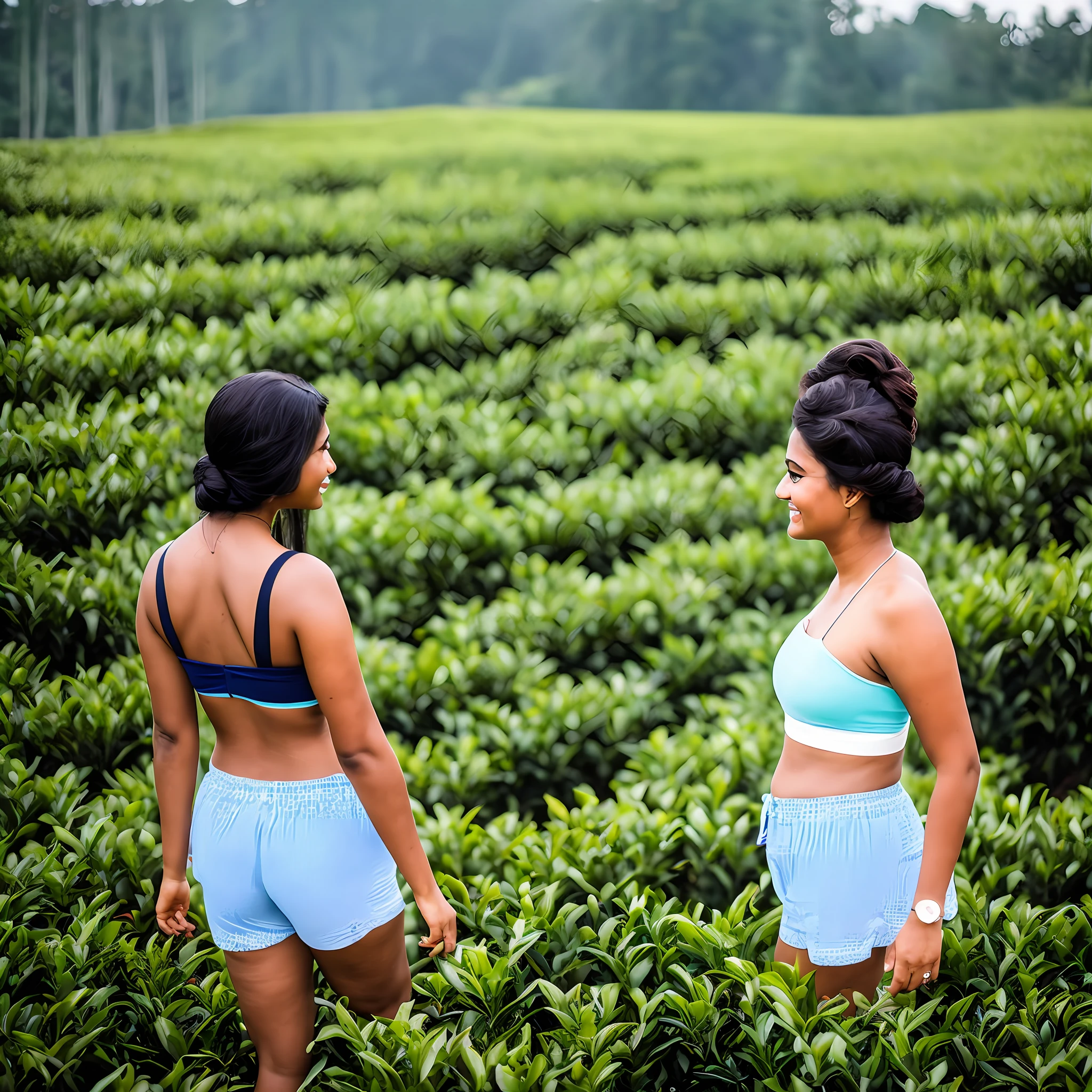 indian Kerala woman traveller,in a tea plantations , updo, tube top and shorts, 8k uhd, digital SLR camera, soft light, high quality, film grain,high detail,UHD, masterpiece, accurate, anatomically correct, super detail, high quality, 16k, highres, award winning, ((full body shot)),soft light rays, realistic skin texture, extreme skin details, insane details, intricate details, amazing fine detail, photorealistic, photograph, realistic, realism, photorealism, film grains, lifelike texture, dynamic composition, contrast lighting, sharp focus, raw photo, photon metering, analog photo style, photography with Hasselblad camera, f5.6 lens 500mm, Kodak Portra 400 4x 5, anatomically correct, visible navel