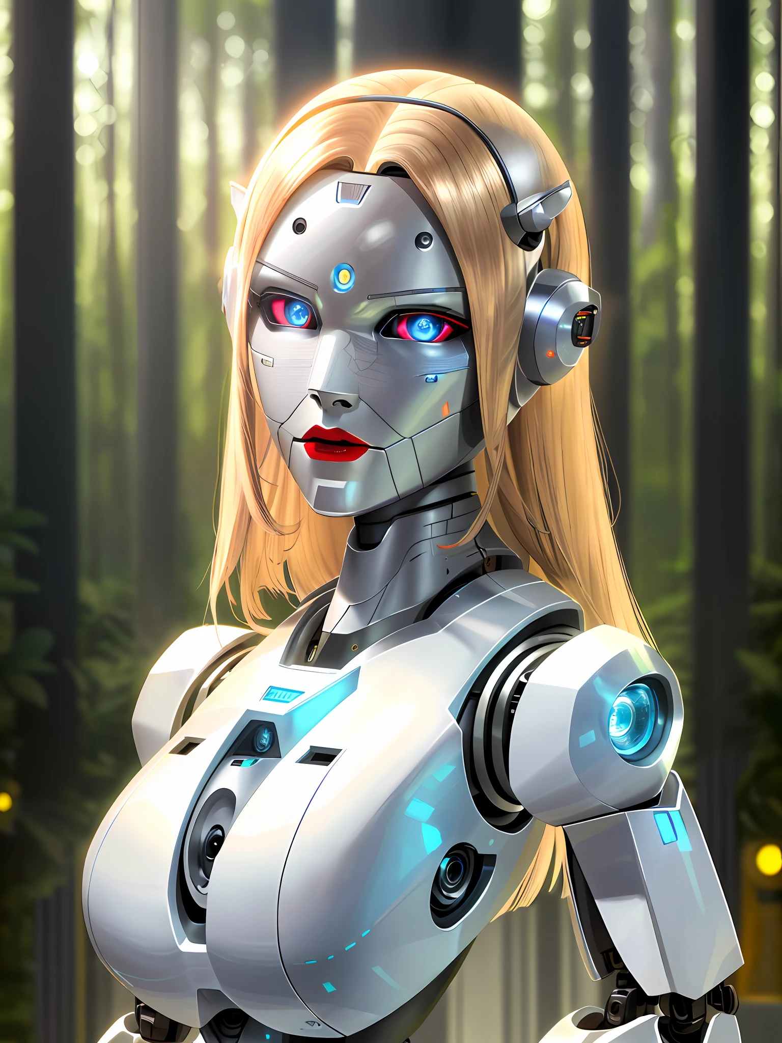 Best Quality, High Detail, 4K, Human, Robot Girl, Android Face(Metal), Steel & Titanium Leather, Robotic Face(With Human Features), Cybernetic Eyes(Hard Eye Circle, Clear Eye Pupil), 1girl, Formal, Perfect Hands(5 Fingers), Wig(Normal Hair), Big Breasts, Lipstick, Body(Big Breasts, Lace, Rounded Shoulders, Rounded Arms, Robot Parts,), Full-Length, Whole Body, masterpiece body,