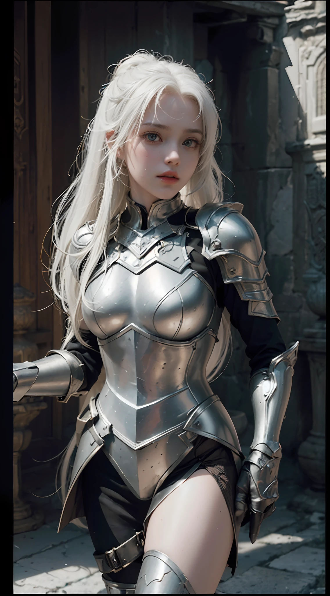((Best Quality)), ((Masterpiece)), (Details: 1.4), 3D, A Beautiful Female Knight, (Long White Hair: 1.9), (Red Eyes: 1.7), Wearing Armor, Sabre, Temple, HDR (High Dynamic Range), Ray Tracing, NVIDIA RTX, Super-Resolution, Unreal 5, Subsurface Scattering, PBR Texture, Post-processing, Anisotropic Filtering, Depth of Field, Maximum Sharpness and Clarity, Multi-layer textures, albedo and specular mapping, surface shading, accurate simulation of light-material interactions, perfect proportions, Octane Render, two-color light, large aperture, low ISO, white balance, rule of thirds, 8K RAW,