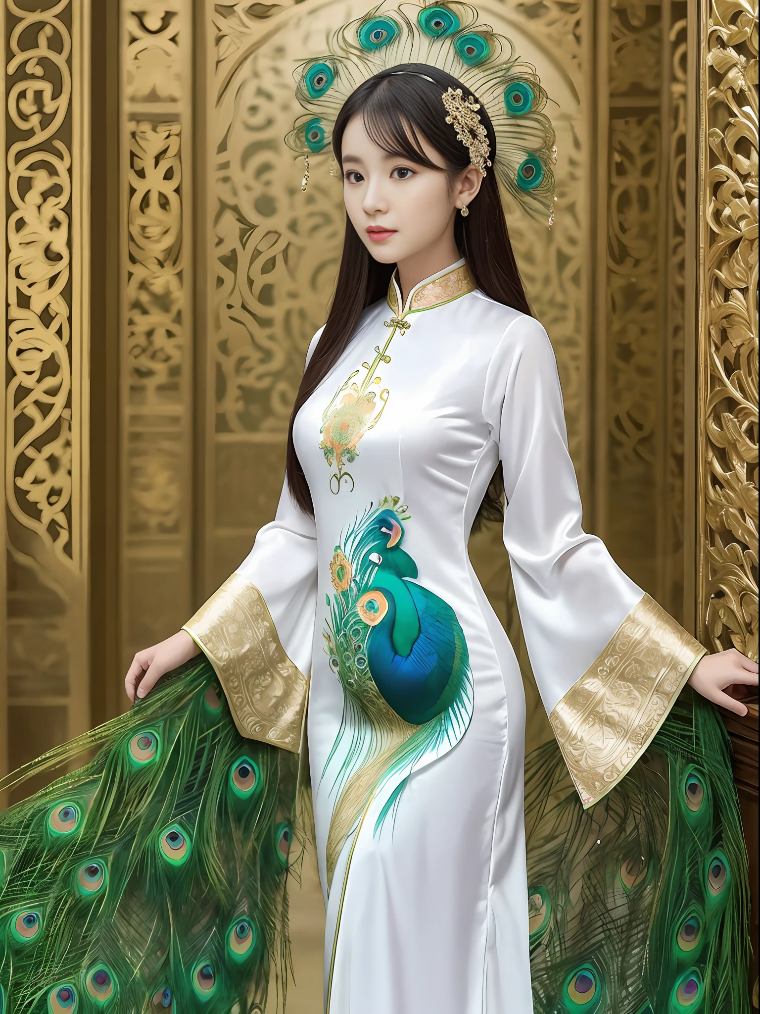 the girl in the Ao Dai is sewn from thin silk or cotton fabric, has a long and body-hugging white style that is very detailed, the peacock pattern in front of the shirt is very detailed, the girl stands in a very splendid space with many details