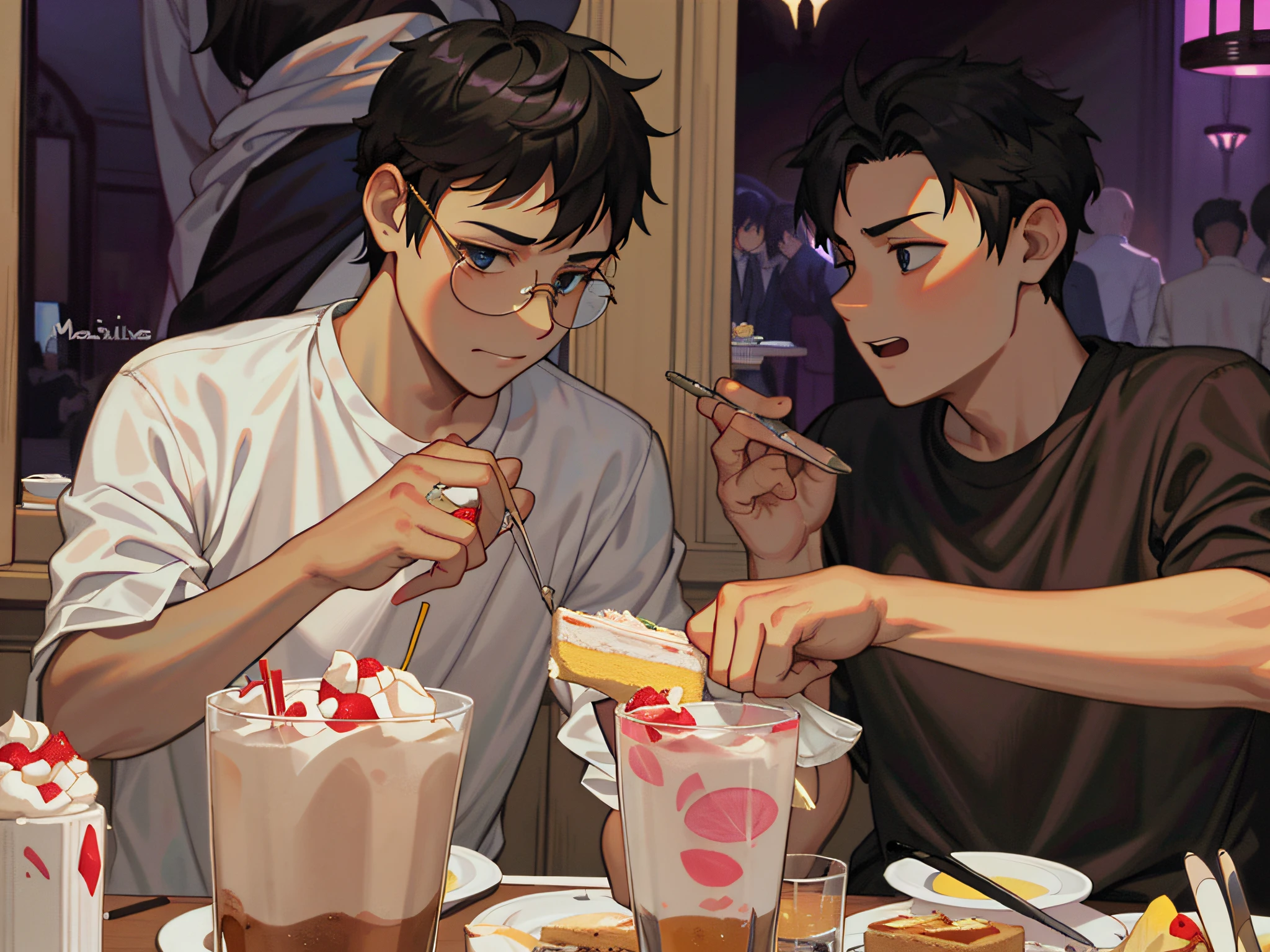 {{masteripe}} Extreme illustration 1 The male prince has elegant short hair and black hair cute close-up glasses, two men sitting at a table eating cake, black clothes take pictures with mobile phones, white clothes wear black glasses frames