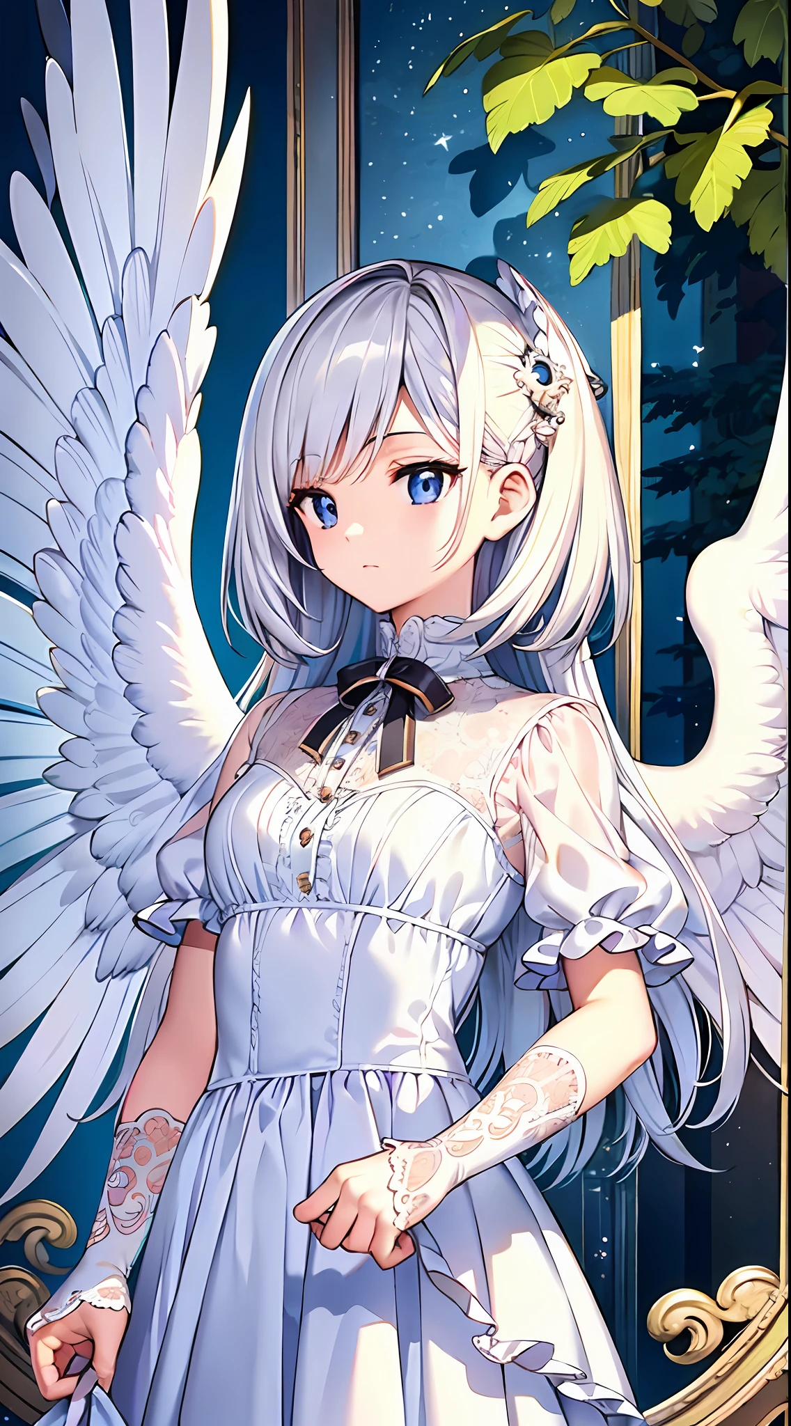 angel wings, kawaii girl, white hair, (((best quality)), ((masterpiece)), (very detailed, supreme detailed, official art, beautiful and aesthetic: 1.2)