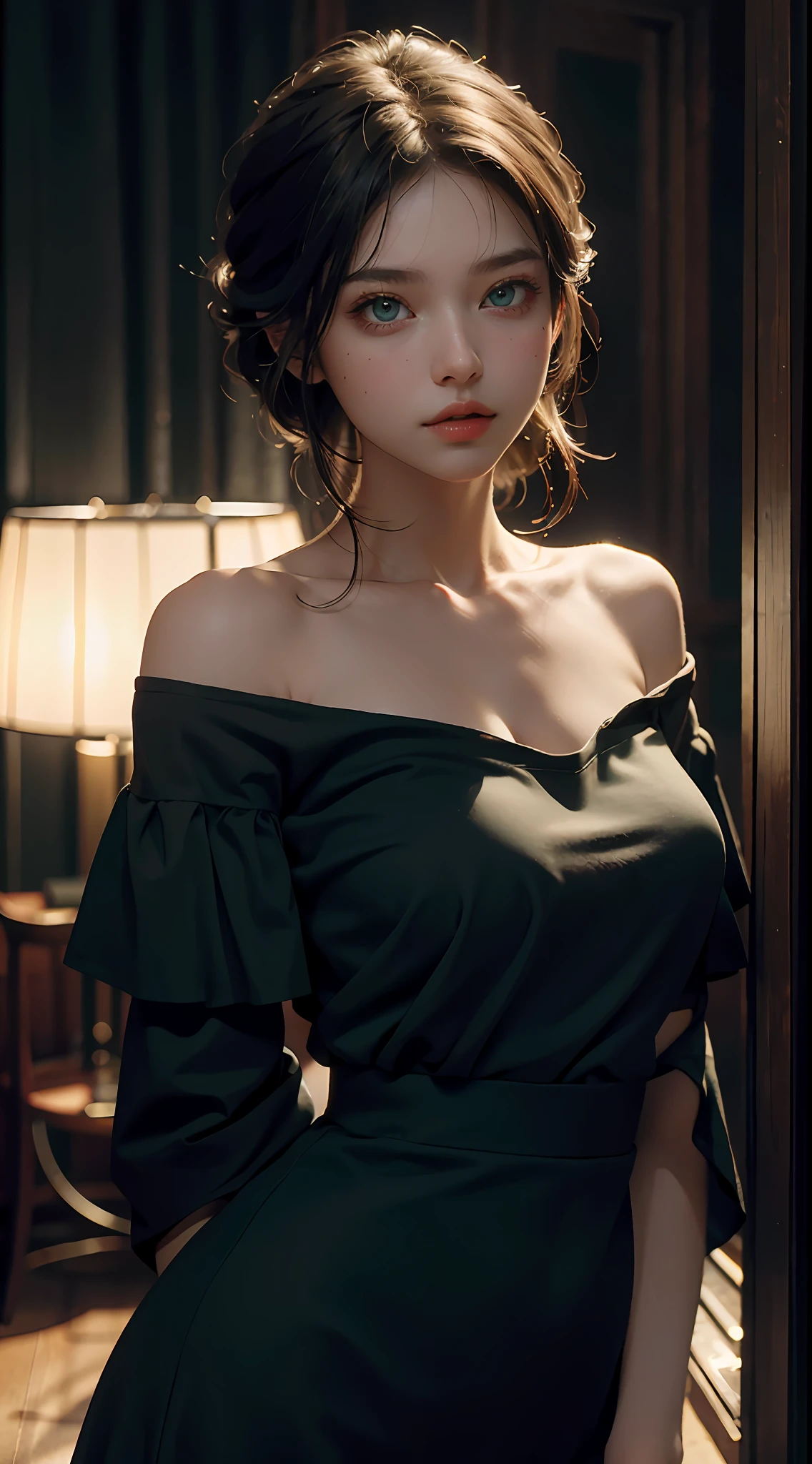 Best Quality, Masterpiece, Ultra High Resolution, (Realisticity: 1.4), Original Photo, 1Girl, Green Eyes, Off-the-Shoulders, Cinematic Lighting
