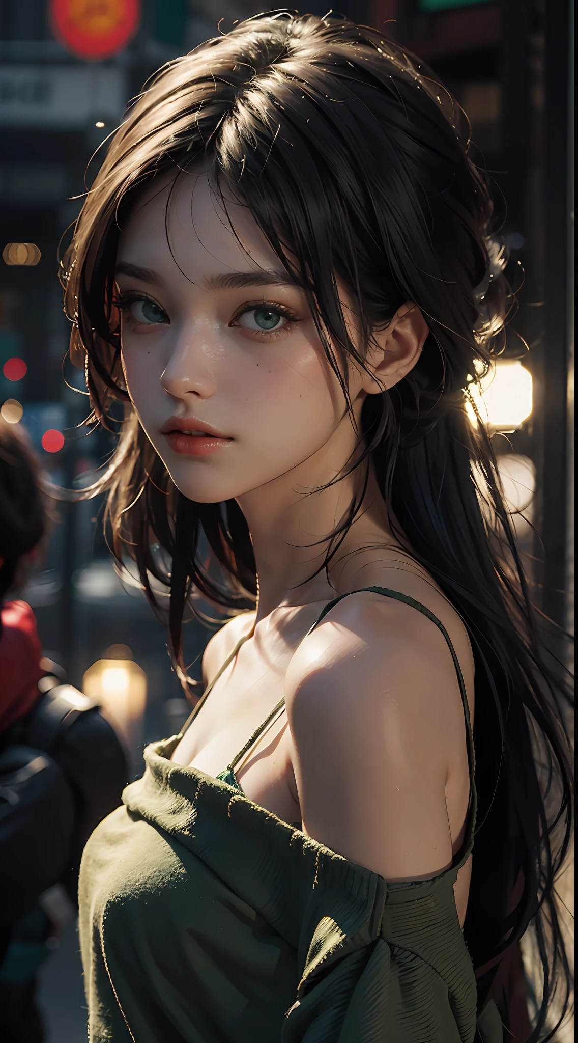 Best Quality, Masterpiece, Ultra High Resolution, (Realisticity: 1.4), Original Photo, 1Girl, Green Eyes, Off-the-Shoulders, Cinematic Lighting