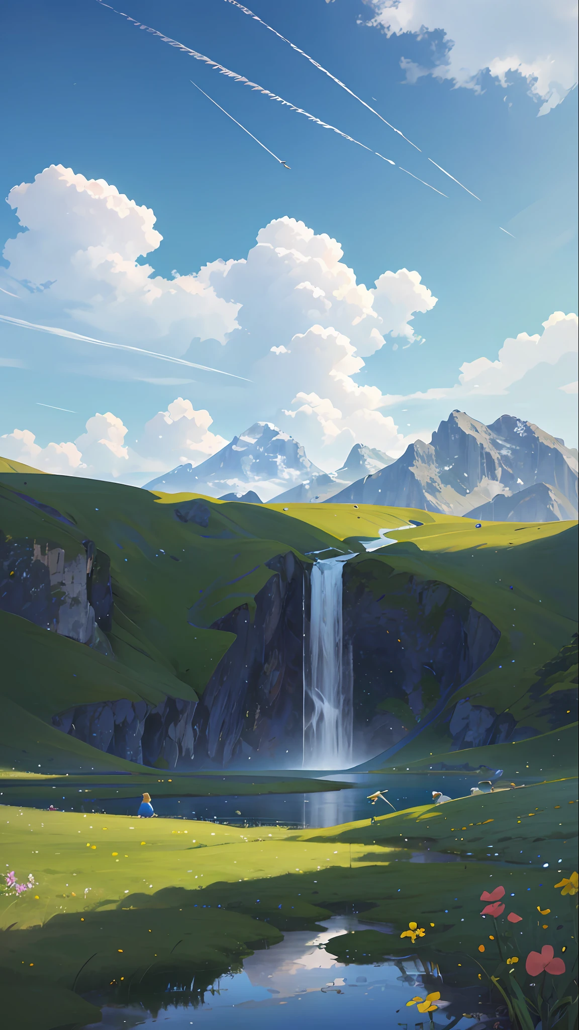 Summer, meadows, a few small flowers, clear lakes, sheep, heaven, large clouds, blue sky, hot weather, HD detail, hyper-detail, cinematic, surrealism, soft light, deep field focus bokeh, distant vistas are snowy mountains, ray tracing, and surrealism. --v6