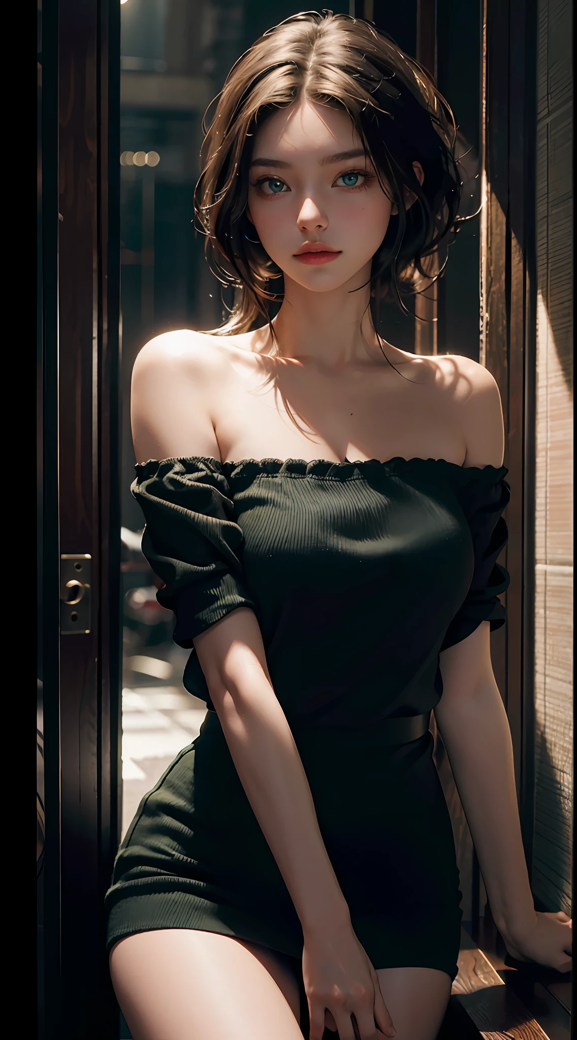 Best Quality, Masterpiece, Ultra High Resolution, (Realisticity: 1.4), Original Photo, 1Girl, Green Eyes, Off-the-Shoulders, Cinematic Lighting