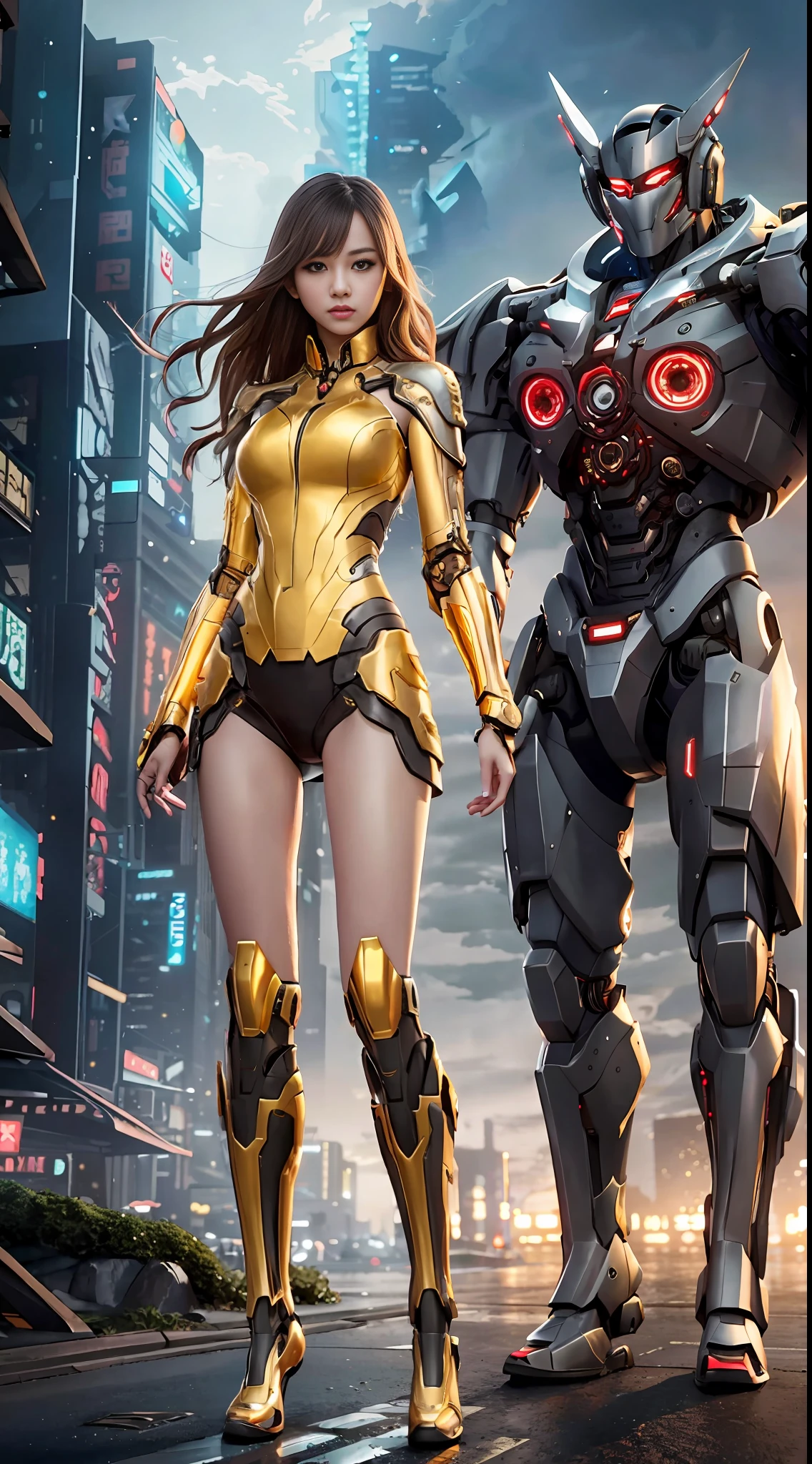 Boutique,best quality,Gold jewelry,(slip out feet),Fairy skin,(Fidelity :1.2),Standing,Super Detailed,realistic,High quality,Movie Light,Ray tracking,Ultra HD,Upper body
Girl in Long sleeve and Long pants Pilot suit Standing Next to giant robot, Guweiz style artwork, CyberPunk mech, Trends on CGSTATION, Guweiz, Russell Dongjun Lu, digital cyberpunk anime art, Ross Tran 8 K, Guweiz on ArtStation Pixiv, Girl in mecha network armor