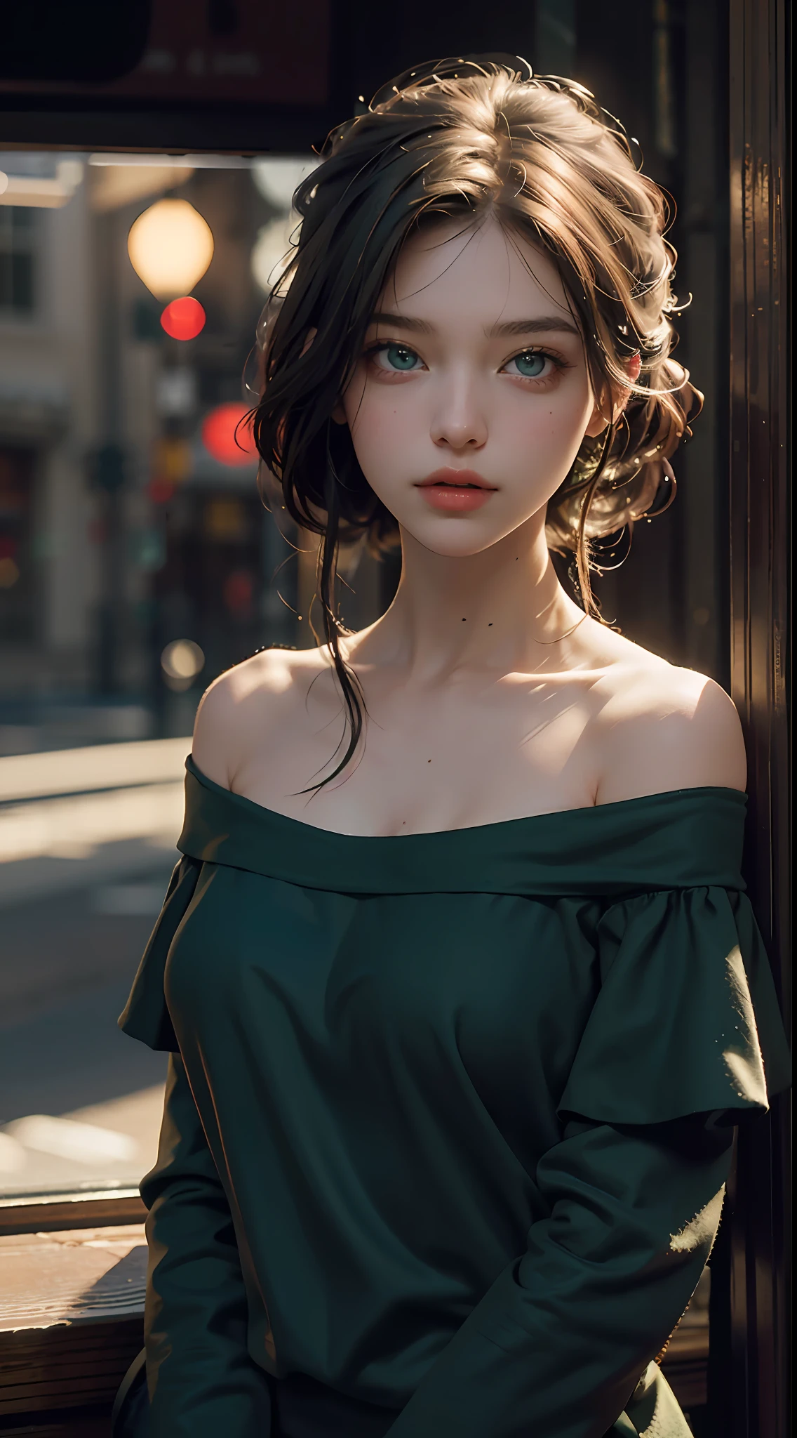 Best quality, masterpiece, super high resolution, 1.4x higher fidelity, original photo, 1girl, green eyes, off-the-shoulder, cinematic lighting.