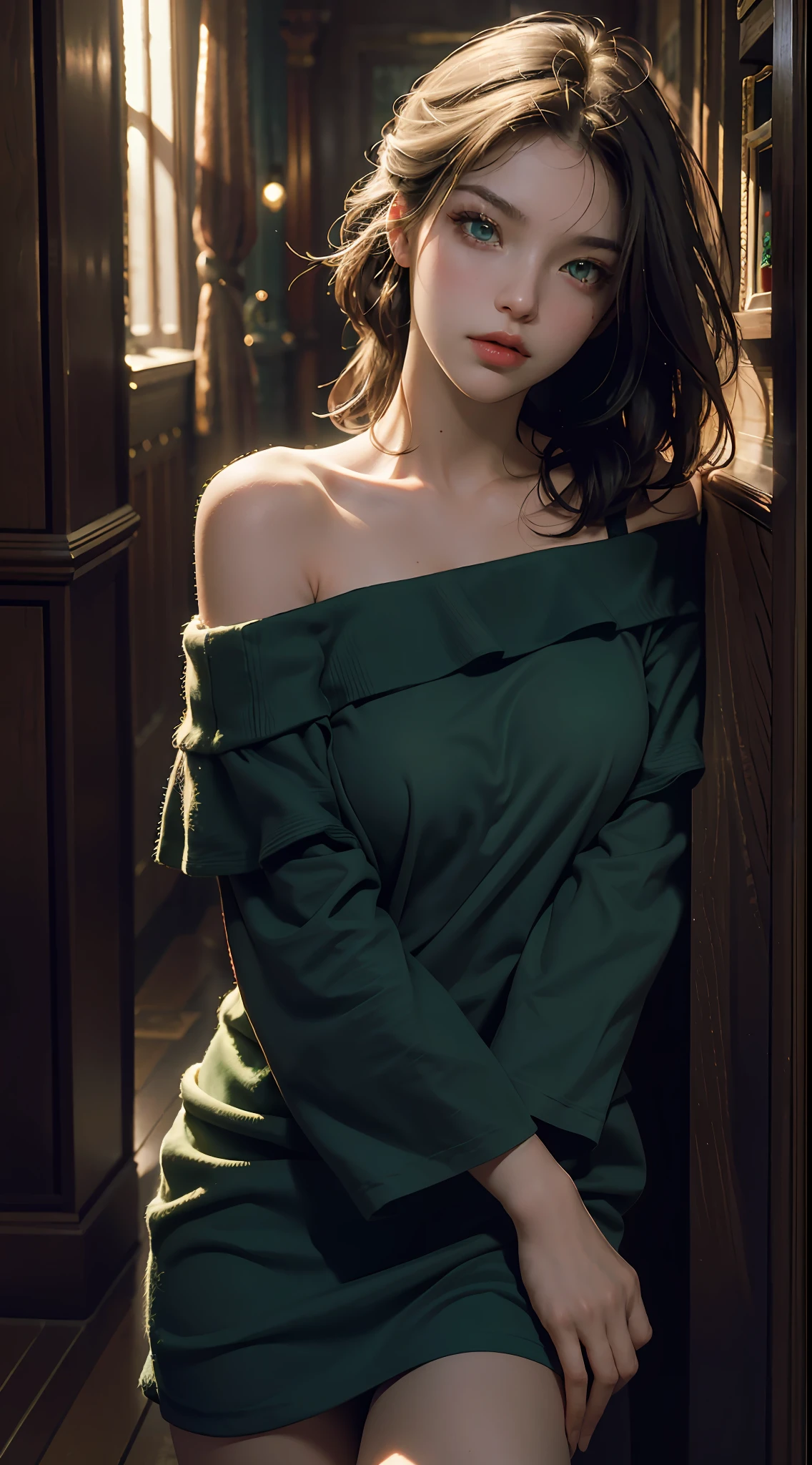 Best quality, masterpiece, super high resolution, 1.4x higher fidelity, original photo, 1girl, green eyes, off-the-shoulder, cinematic lighting.