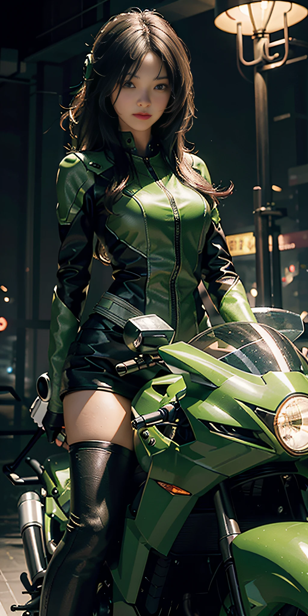 Highest image quality, outstanding details, ultra-high resolution, (realism: 1.4), the best illustration, favor details, highly condensed 1girl, with a delicate and beautiful face, dressed in a black and green mecha, wearing a mecha helmet, holding a directional controller, riding on a motorcycle, the background is a high-tech lighting scene of the future city.