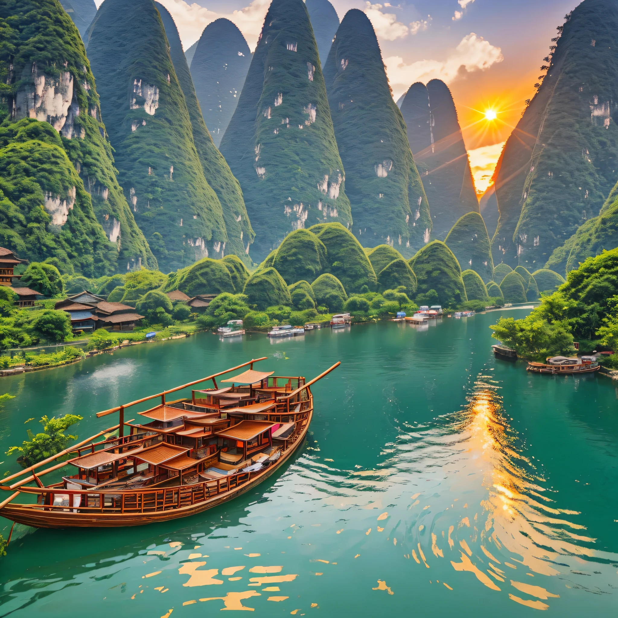 Guilin, Yangshuo, landscape, karst landforms, beautiful scenery, sunset, dusk, bamboo raft rafting --auto --s2