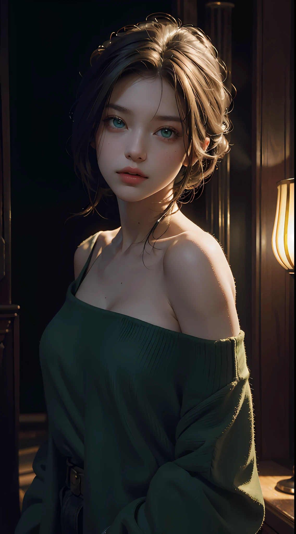 Best Quality, Masterpiece, Ultra High Resolution, (Realisticity: 1.4), Original Photo, 1Girl, Green Eyes, Off-the-Shoulders, Cinematic Lighting