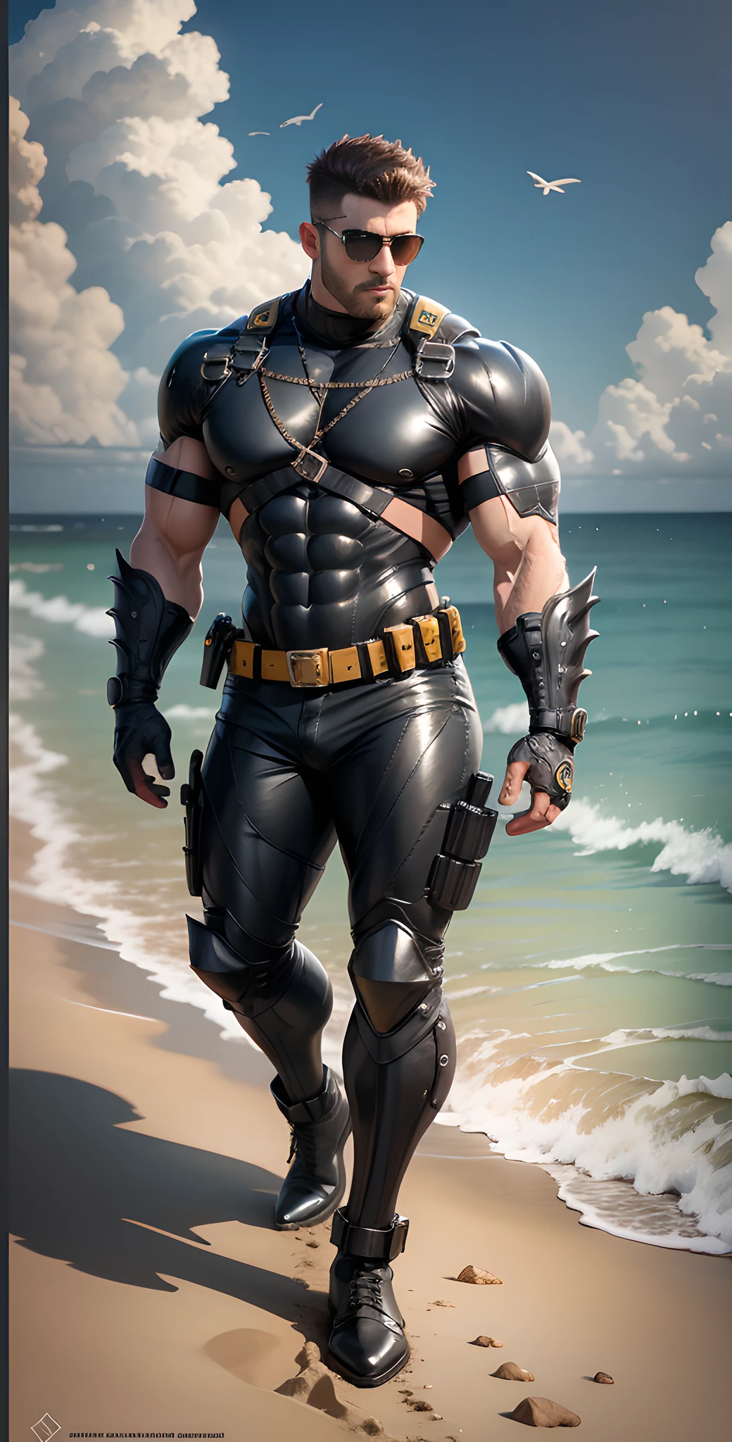 Arad man in yellow and black clothes standing by the sunny sea, muscular male hero, conceptual art like Ernest Khalimov, heroic male pose, muscular! Wearing black sunglasses, round head Buzz Cut, cyberpunk, stealth suit, symmetrical floral texture design, super buff and cool, high resolution commission, Chris Redfield, Jigachard muscle, Ernest Khalimov body, character design police, black military boots, charismatic strong male with armor