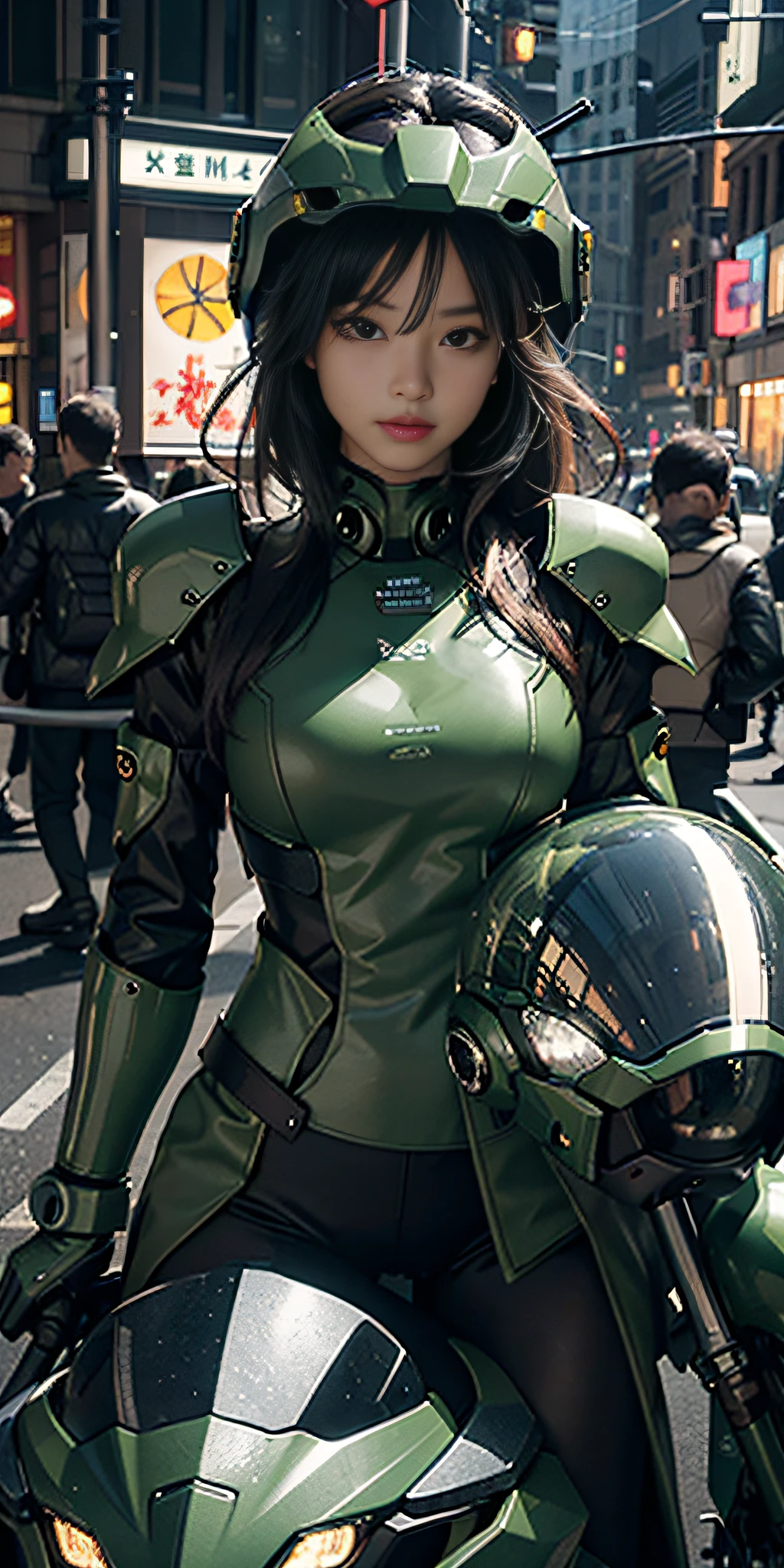 Highest image quality, outstanding details, ultra-high resolution, (realism: 1.4), the best illustration, favor details, highly condensed 1girl, with a delicate and beautiful face, dressed in a black and green mecha, wearing a mecha helmet, holding a directional controller, riding on a motorcycle, the background is a high-tech lighting scene of the future city.
