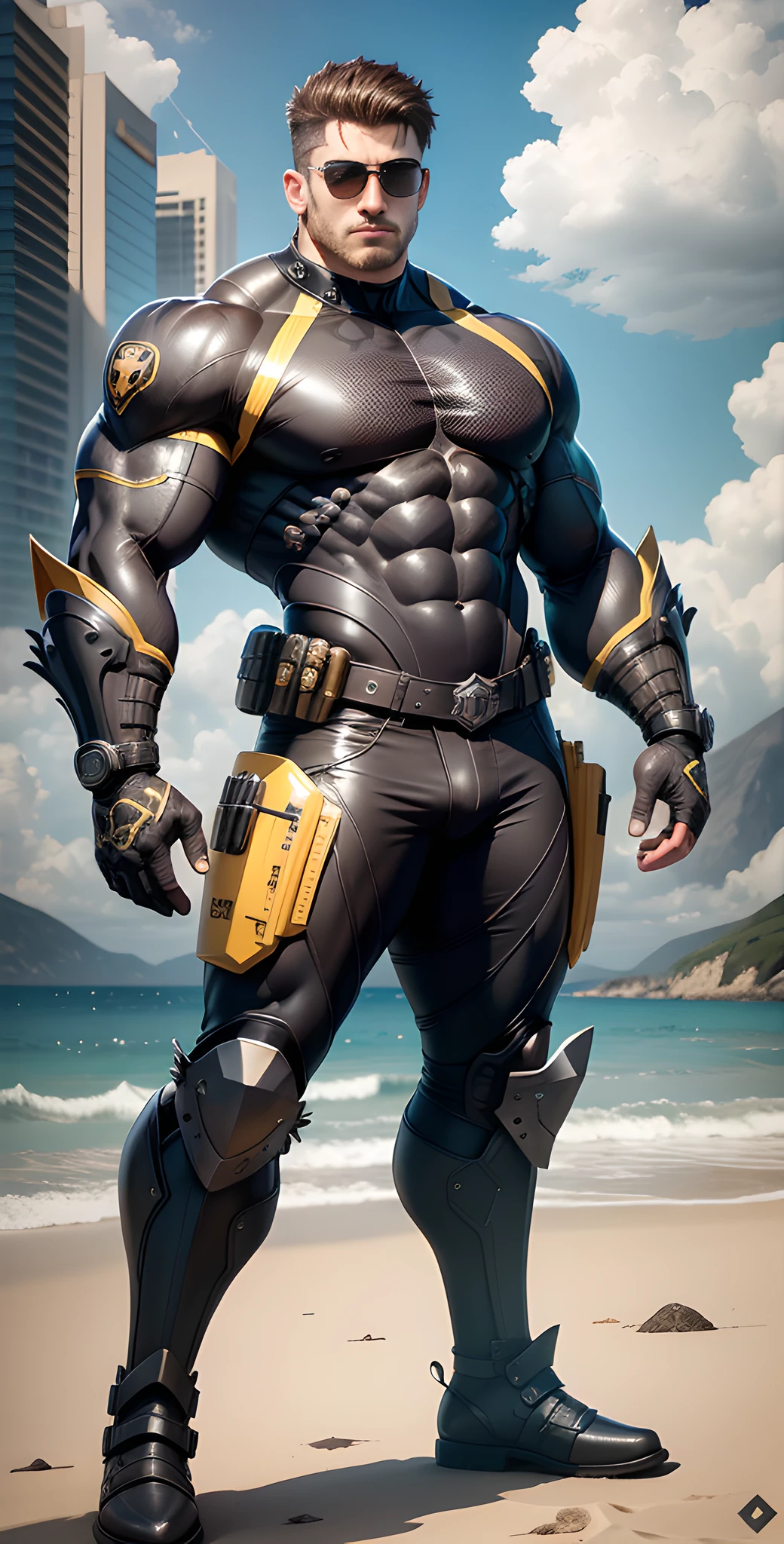 Arad man in yellow and black clothes standing by the sunny sea, muscular male hero, conceptual art like Ernest Khalimov, heroic male pose, muscular! Wearing black sunglasses, round head Buzz Cut, cyberpunk, stealth suit, symmetrical floral texture design, super buff and cool, high resolution commission, Chris Redfield, Jigachard muscle, Ernest Khalimov body, character design police, black military boots, charismatic strong male with armor