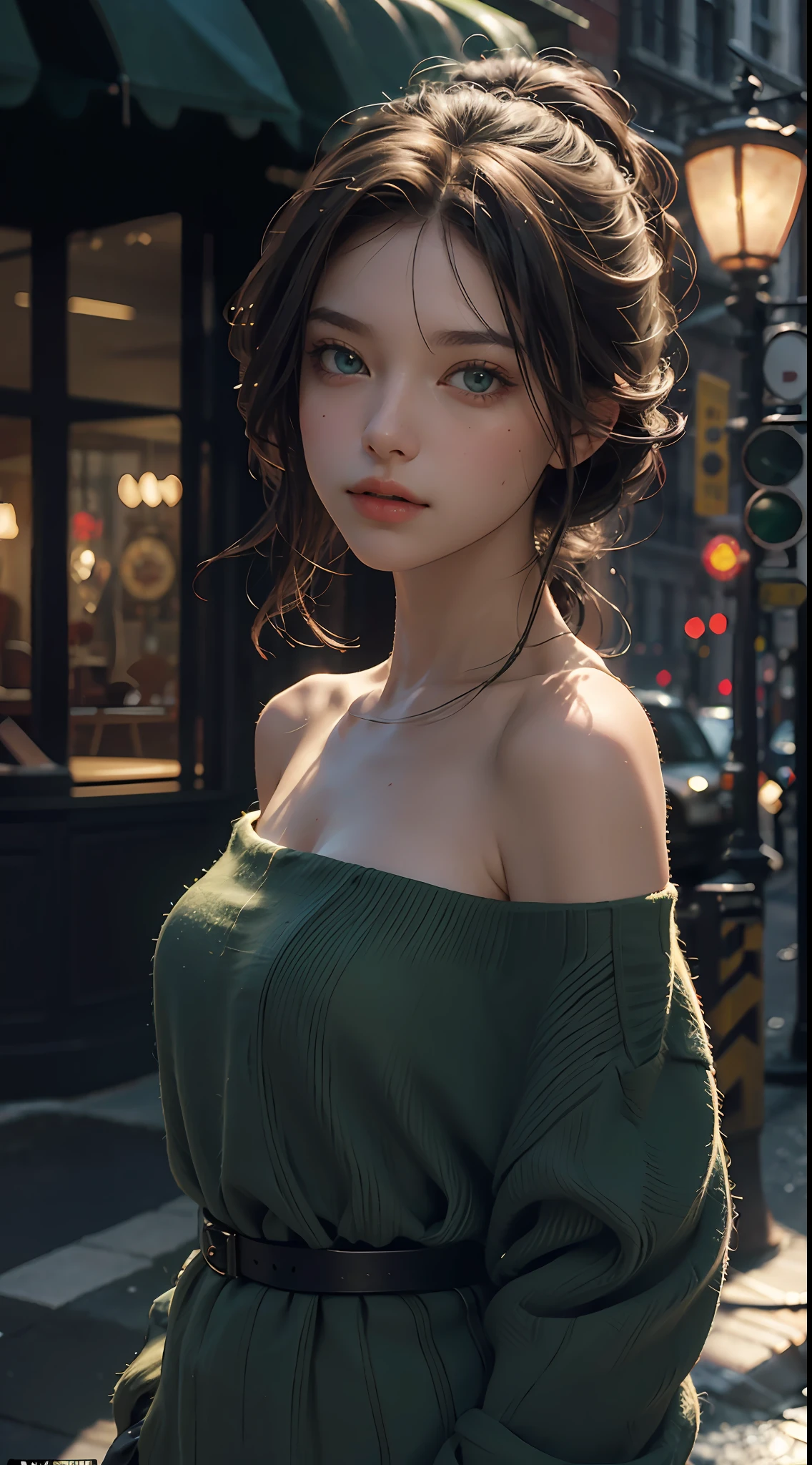 Best Quality, Masterpiece, Ultra High Resolution, (Realisticity: 1.4), Original Photo, 1Girl, Green Eyes, Off-the-Shoulders, Cinematic Lighting