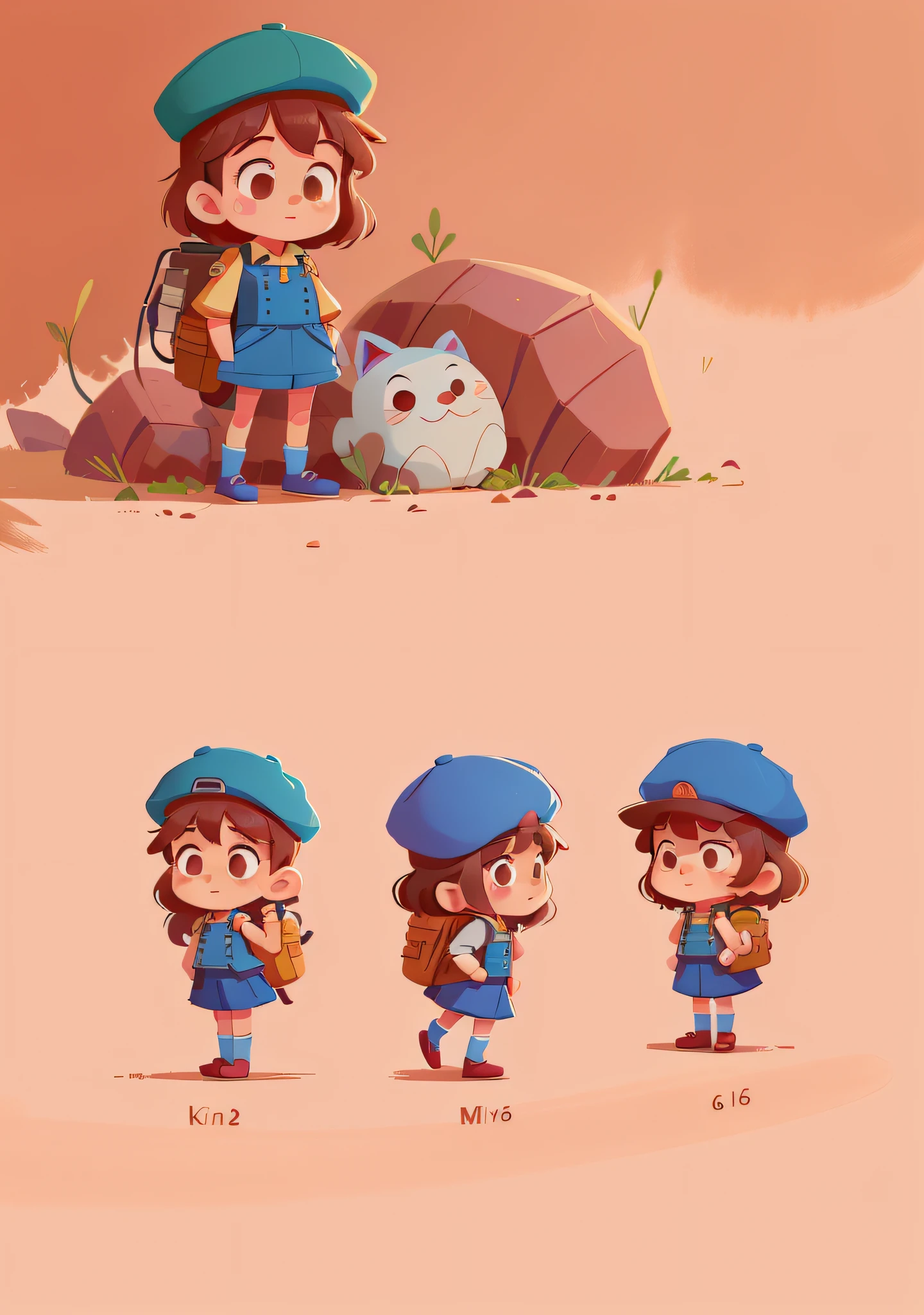 a close up of a cartoon character with a hat and uniform, female explorer mini cute girl, high quality character design, animation character, full body character, full body character design, character is standing, professional character design, game character design, full body single character, 2d illustration, 2 d illustration, cute character, female protagonist 👀 :8, blue uniform