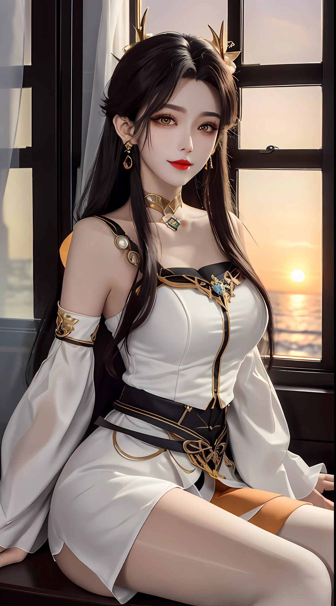 1 beautiful girl, sad girl, sitting by the window, long hair, beautiful face without blemishes, rosy face, earrings, brown eyes, thin eyebrows, most thorough makeup is eyelashes, red lips, lips petite, graceful smile, The breasts are full and round, slim waist, moderately big butt, long legs, wear a thin white shirt that reaches to the waist, black mesh stockings, long hair, one afternoon, sunset is fading, sky color orange, clear sunset background image, sad girl, sitting by the window, quality best image quality, 8k quality, real girl, girl portrait sitting by the window, artwork, upper body half,