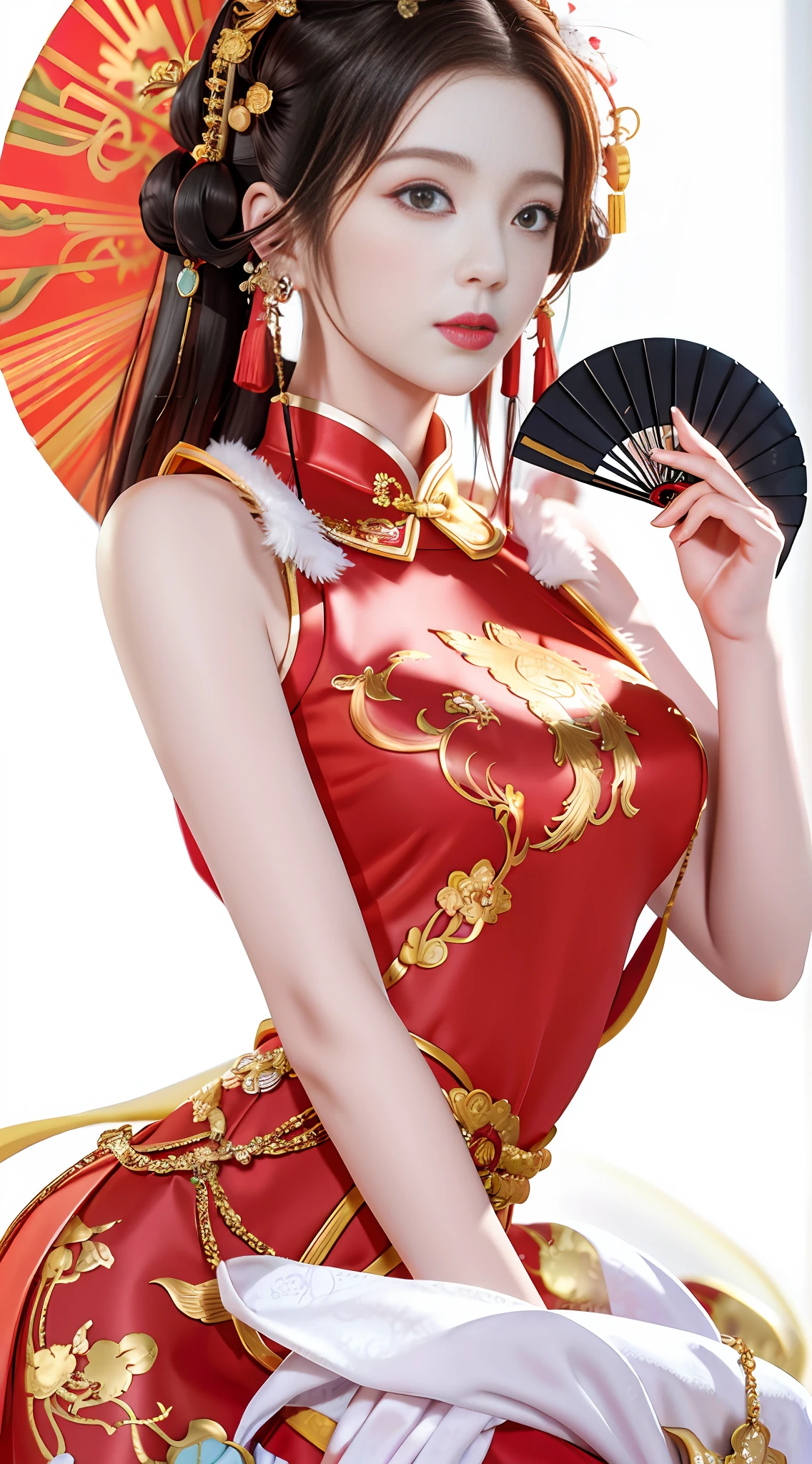 Arapei Asian woman in red dress holding fan and fan, wearing red cheongsam, gorgeous Chinese model, cheongsam, with ancient Chinese clothing, Chinese costume, Chinese girl, Chinese woman, Chinese costume, Chinese tradition, Chinese style, charming sexy geisha, Japanese goddess, beautiful oriental woman, Chinese princess shy, shy, lens flare, surrealism, surrealism, depth of field, cinematic lighting, cinematic lighting, textured skin, textured skin, textured skin