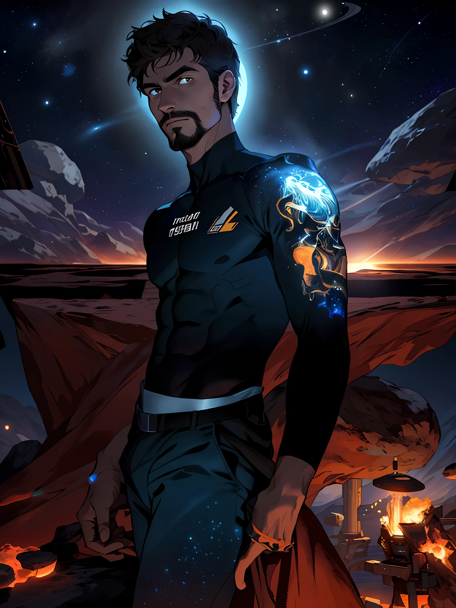 Draw a young programmer, sitting on a research platform floating in the middle of an asteroid belt. He is studying with a notebook, surrounded by several asteroids glowing with fiery auras. Dramatic lighting from distant stars and planets illuminates the scene, casting deep shadows on the suit. The young man looks confident and determined, looking at the vast and mysterious universe with wonder and respect,facial hair, cowboy shot,