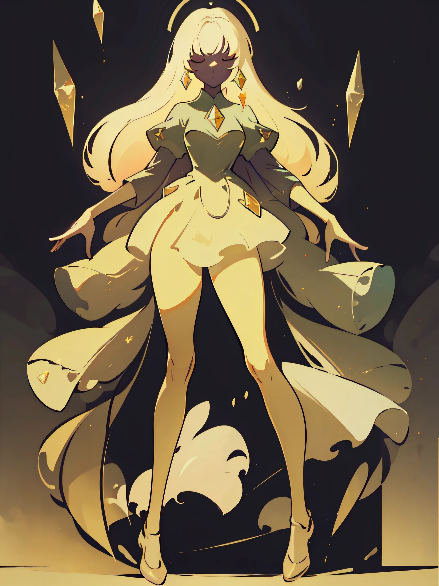 (best quality, masterpiece), 1 girl, yellow diamonds mineral, beautiful full body concept art, simple dark background, looking at viewer, gold long hair, mineral, (straight long legs:1.4), a skirt that covers the thighs, sleek glass thickness, transparent, cinematic lighting, rendering, 4K, --niji 5