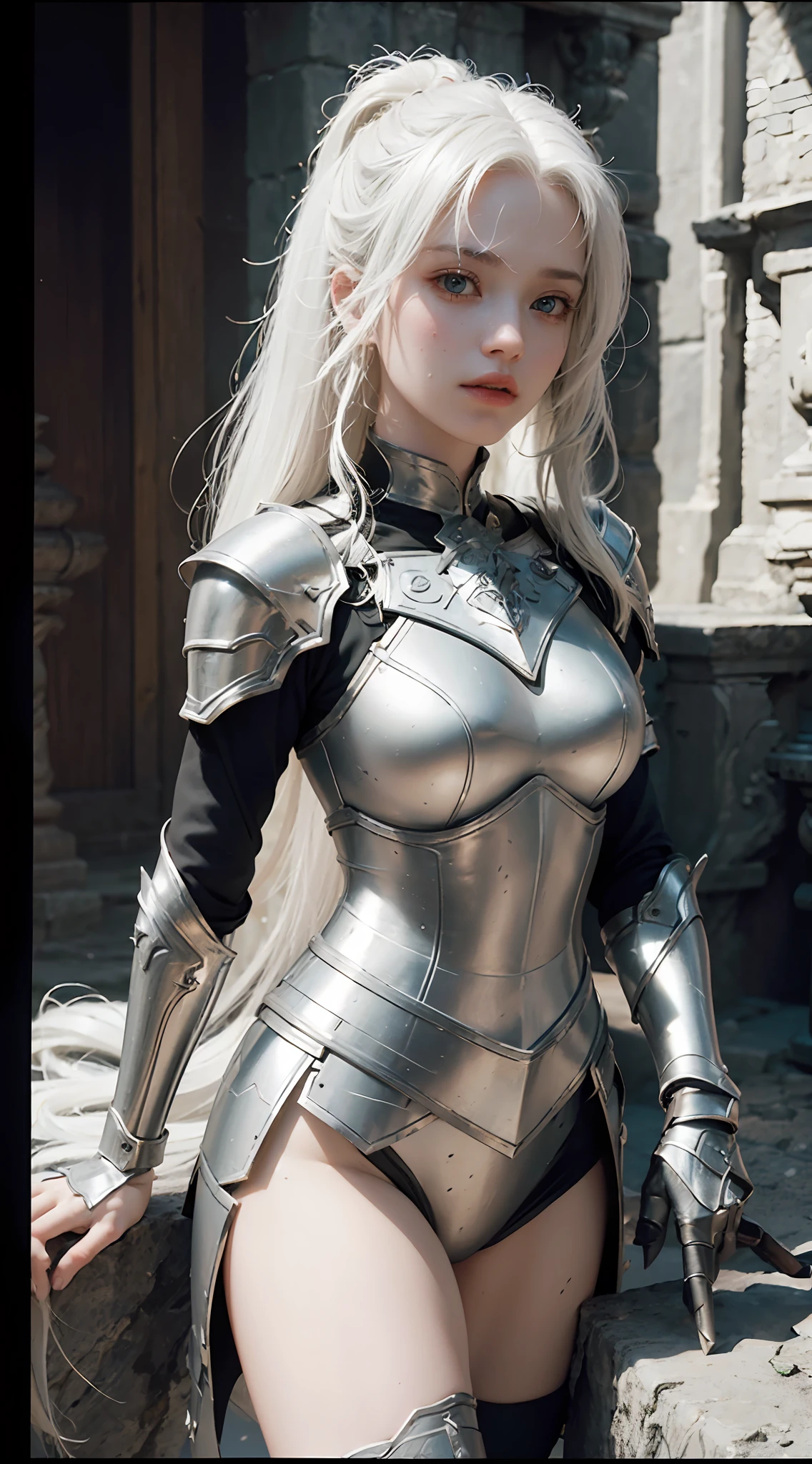((Best Quality)), ((Masterpiece)), (Details: 1.4), 3D, A Beautiful Female Knight, (Long White Hair: 1.9), (Red Eyes: 1.7), Wearing Armor, Sabre, Temple, HDR (High Dynamic Range), Ray Tracing, NVIDIA RTX, Super-Resolution, Unreal 5, Subsurface Scattering, PBR Texture, Post-processing, Anisotropic Filtering, Depth of Field, Maximum Sharpness and Clarity, Multi-layer textures, albedo and specular mapping, surface shading, accurate simulation of light-material interactions, perfect proportions, Octane Render, two-color light, large aperture, low ISO, white balance, rule of thirds, 8K RAW,
