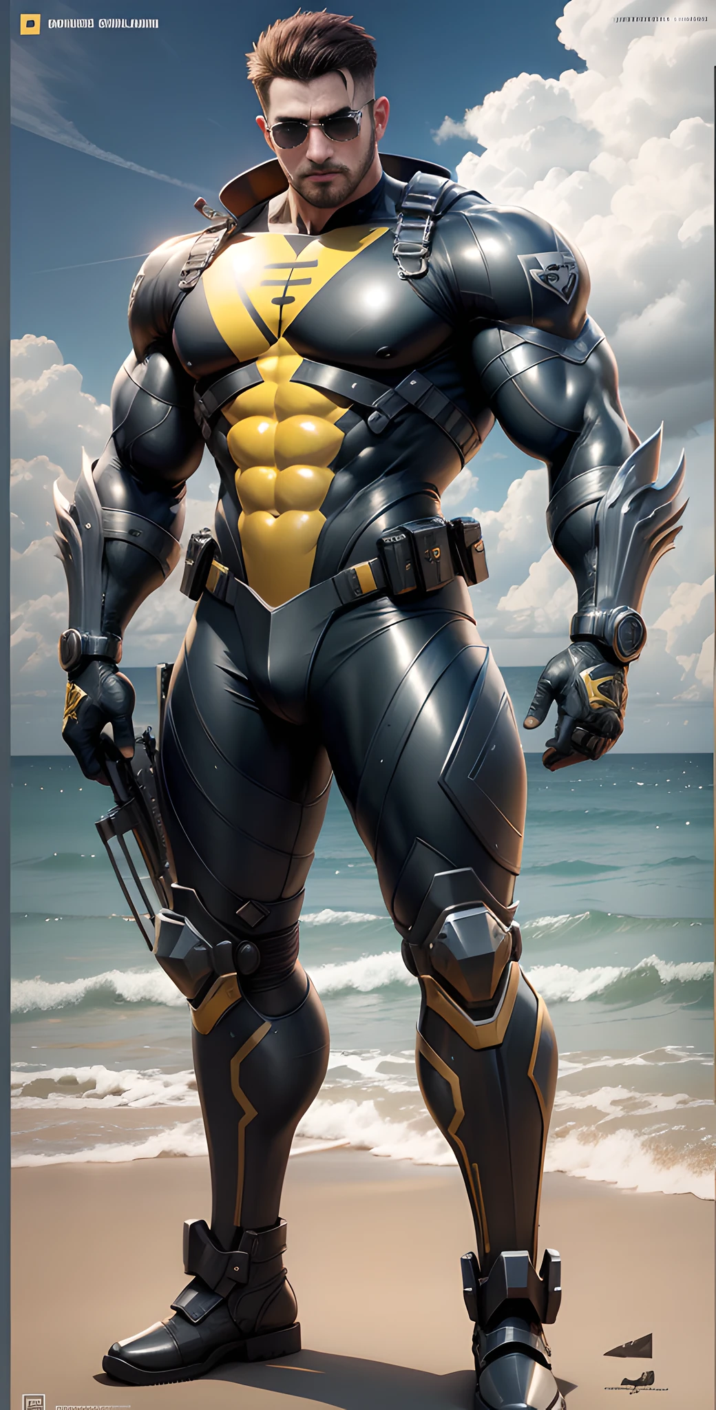 Arad man in yellow and black clothes standing by the sunny sea, muscular male hero, conceptual art like Ernest Khalimov, heroic male pose, muscular! Wearing black sunglasses, round head Buzz Cut, cyberpunk, stealth suit, symmetrical pattern texture design, super buff and cool, high resolution committee, Chris Redfield, Jigachard muscle, Ernest Khalimov body, character design police, black military boots, charismatic strong male with armor, weaving sunlight shining through the clouds