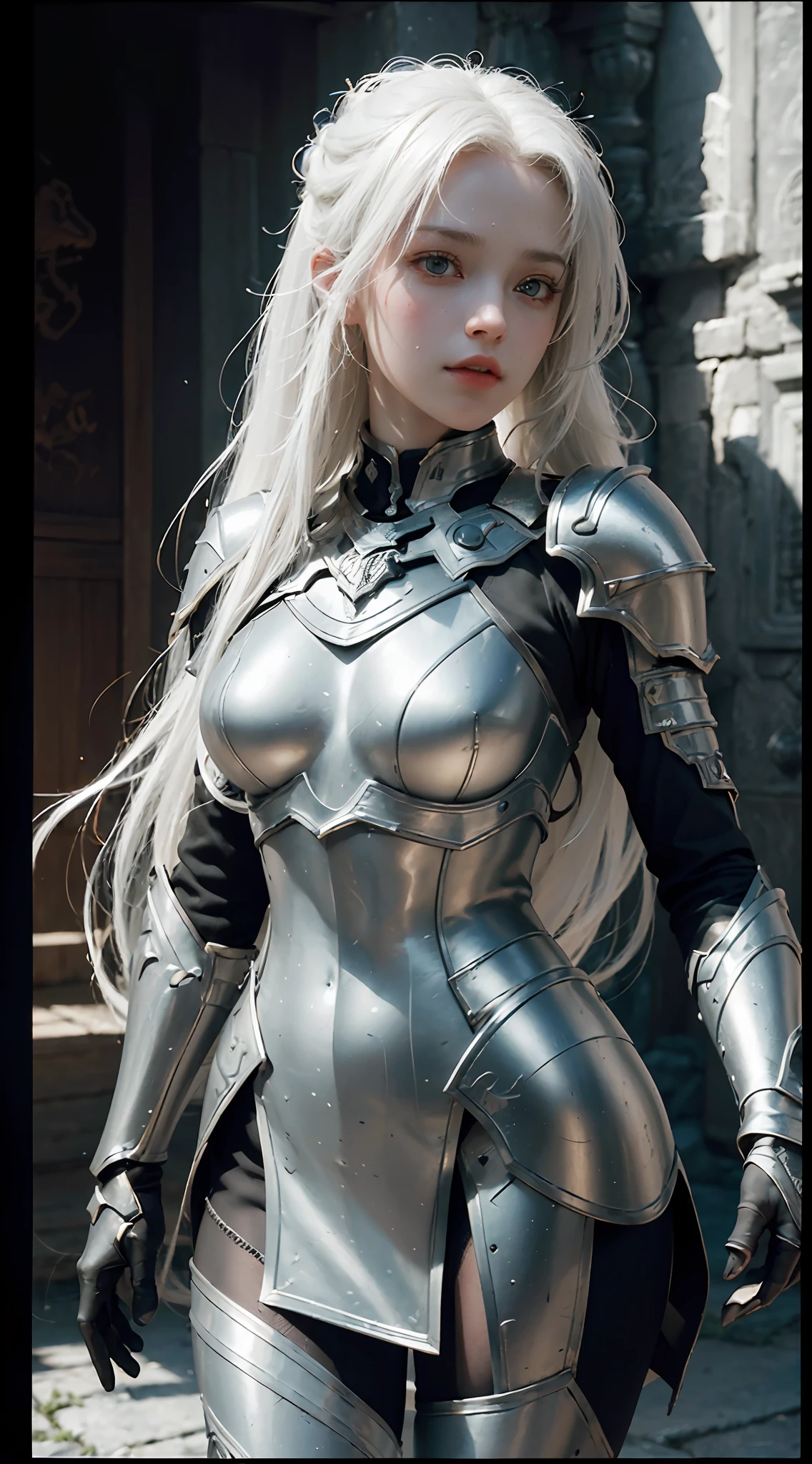 ((Best Quality)), ((Masterpiece)), (Details: 1.4), 3D, A Beautiful Female Knight, (Long White Hair: 1.9), (Red Eyes: 1.7), Wearing Armor, Sabre, Temple, HDR (High Dynamic Range), Ray Tracing, NVIDIA RTX, Super-Resolution, Unreal 5, Subsurface Scattering, PBR Texture, Post-processing, Anisotropic Filtering, Depth of Field, Maximum Sharpness and Clarity, Multi-layer textures, albedo and specular mapping, surface shading, accurate simulation of light-material interactions, perfect proportions, Octane Render, two-color light, large aperture, low ISO, white balance, rule of thirds, 8K RAW,