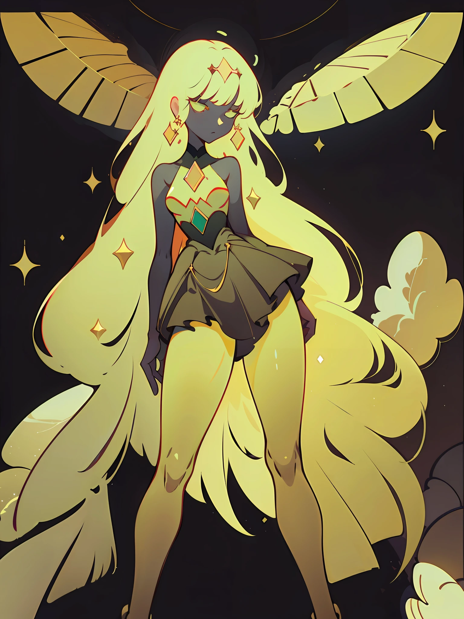 (best quality, masterpiece), 1 girl, yellow diamonds mineral, beautiful full body concept art, simple dark background, looking at viewer, gold long hair, mineral, (straight long legs:1.4), a skirt that covers the thighs, sleek glass thickness, transparent, cinematic lighting, rendering, 4K, --niji 5